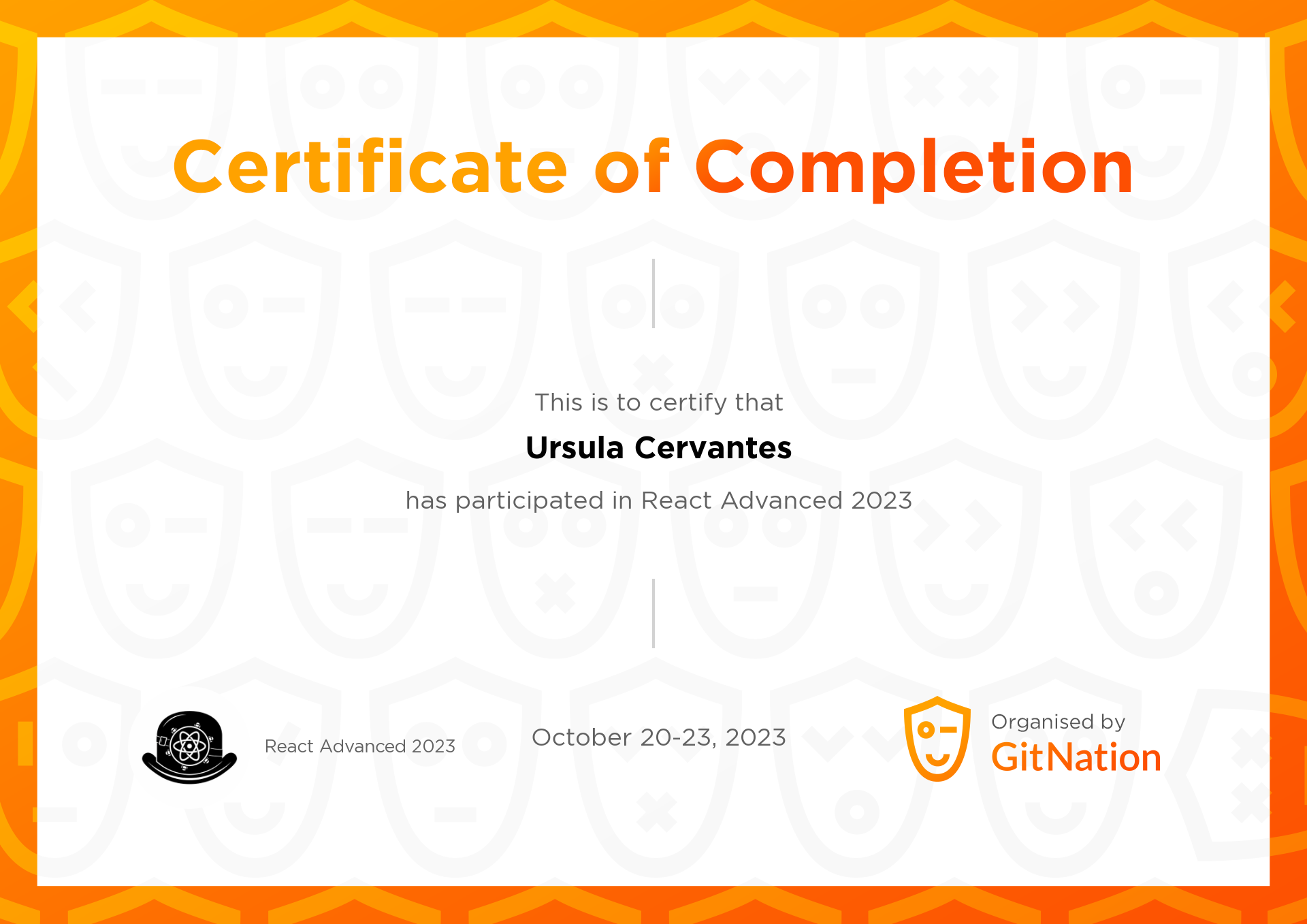 Ursula Cervantes's Certificate from React Advanced