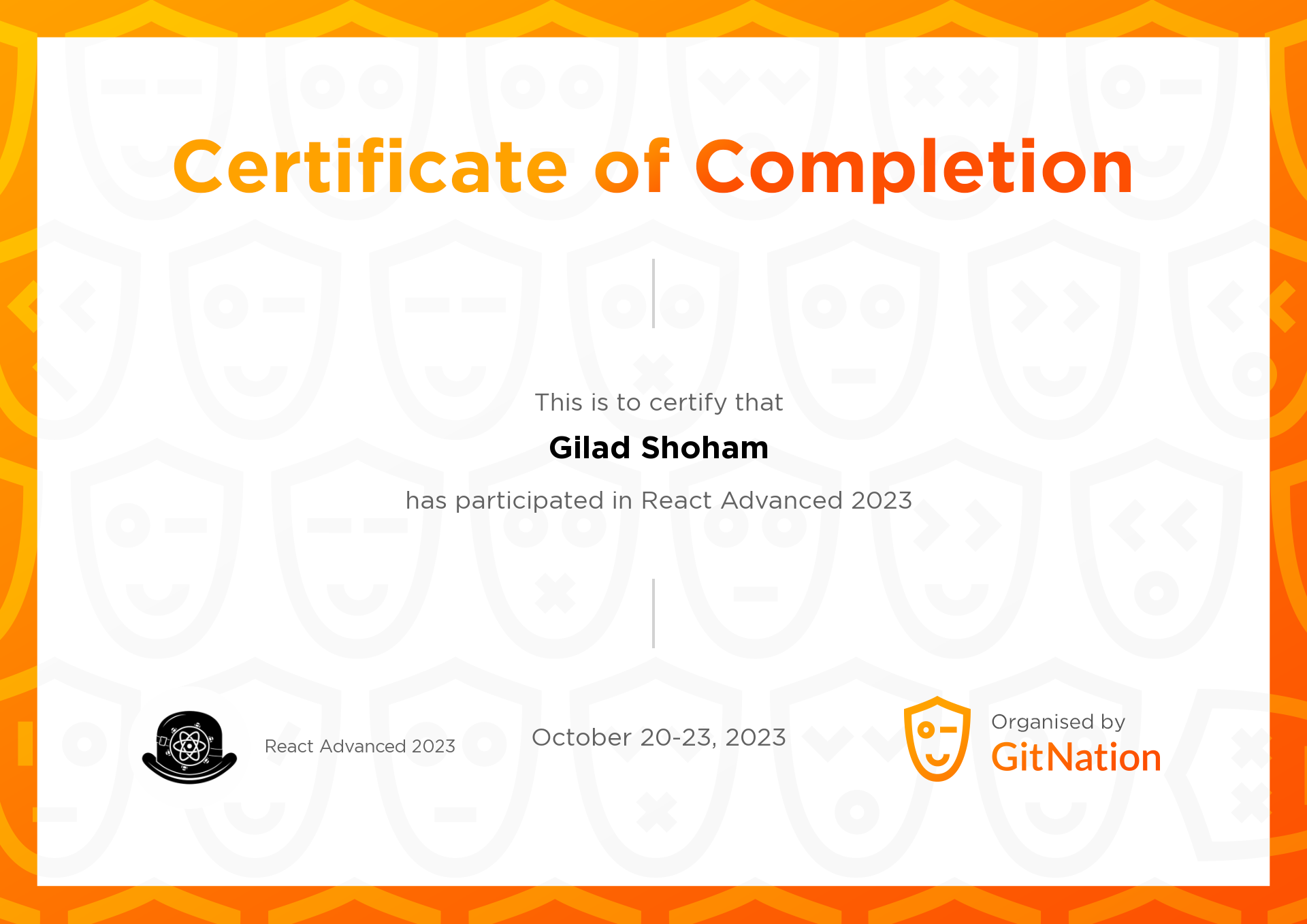 Gilad Shoham's Certificate from React Advanced