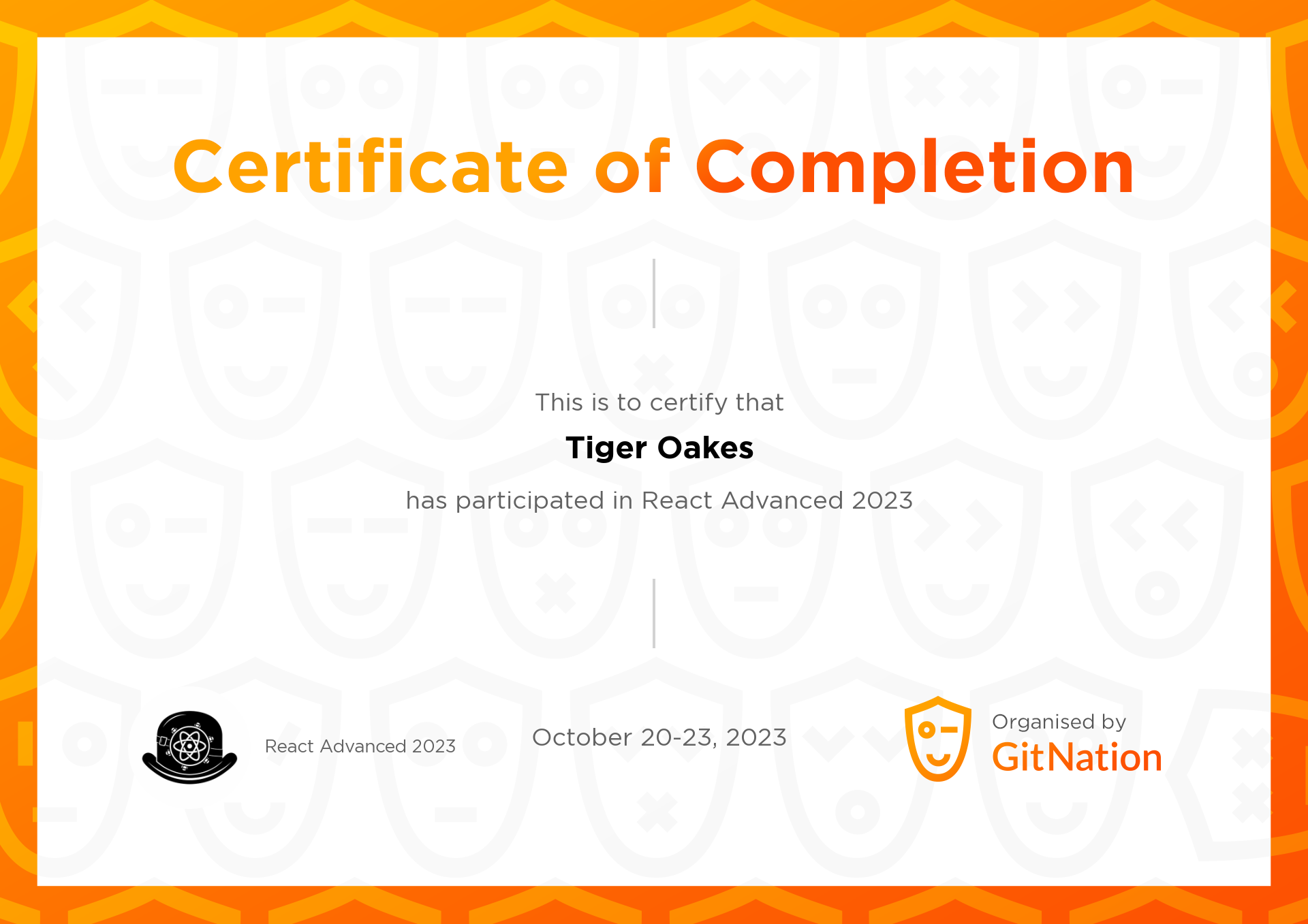 Tiger Oakes's Certificate from React Advanced