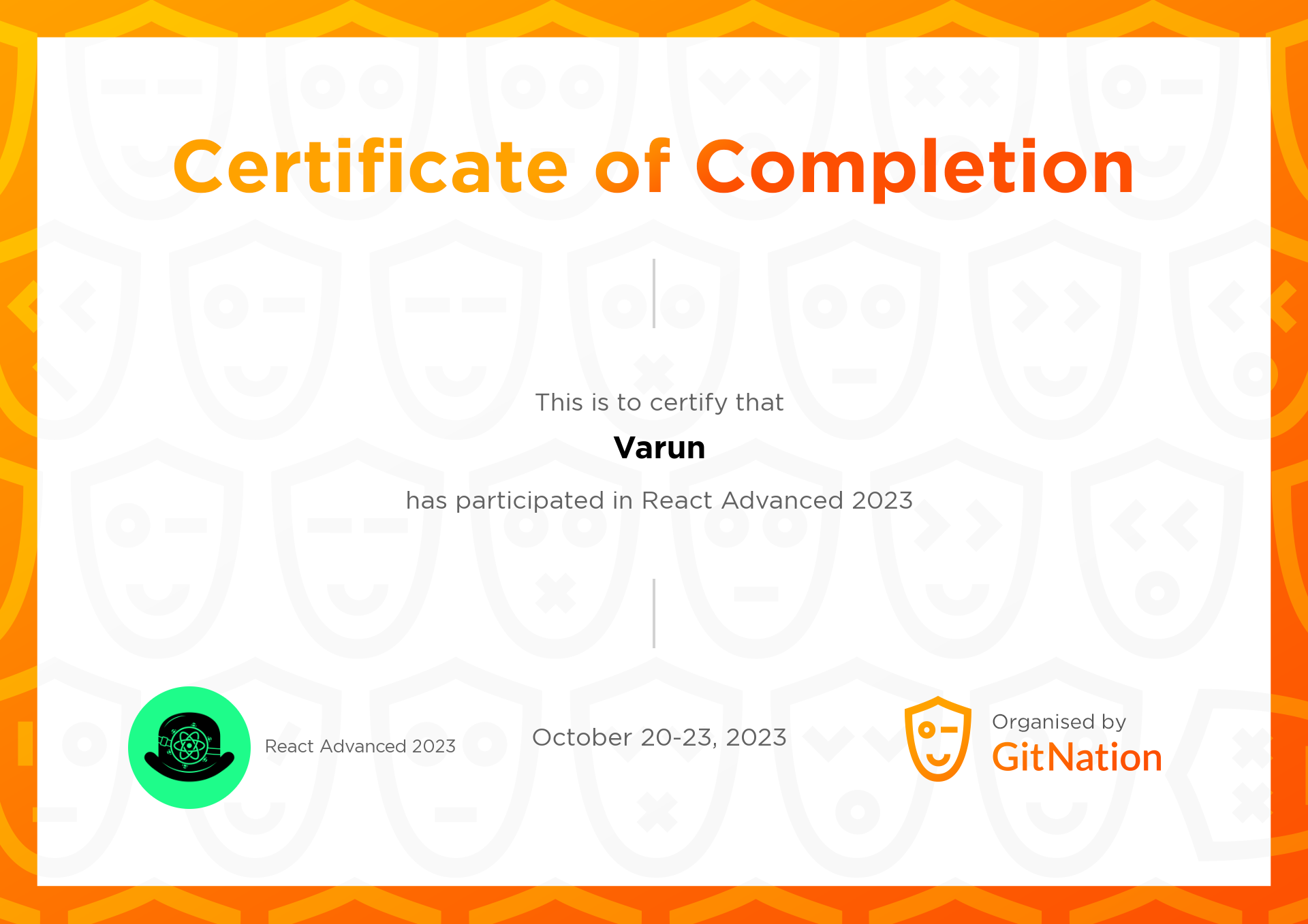 Varun's Certificate from React Advanced