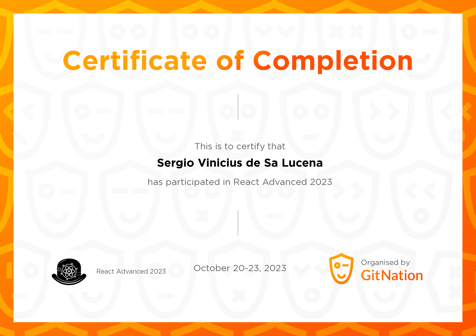 Sergio Vinicius de Sa Lucena's Certificate from React Advanced