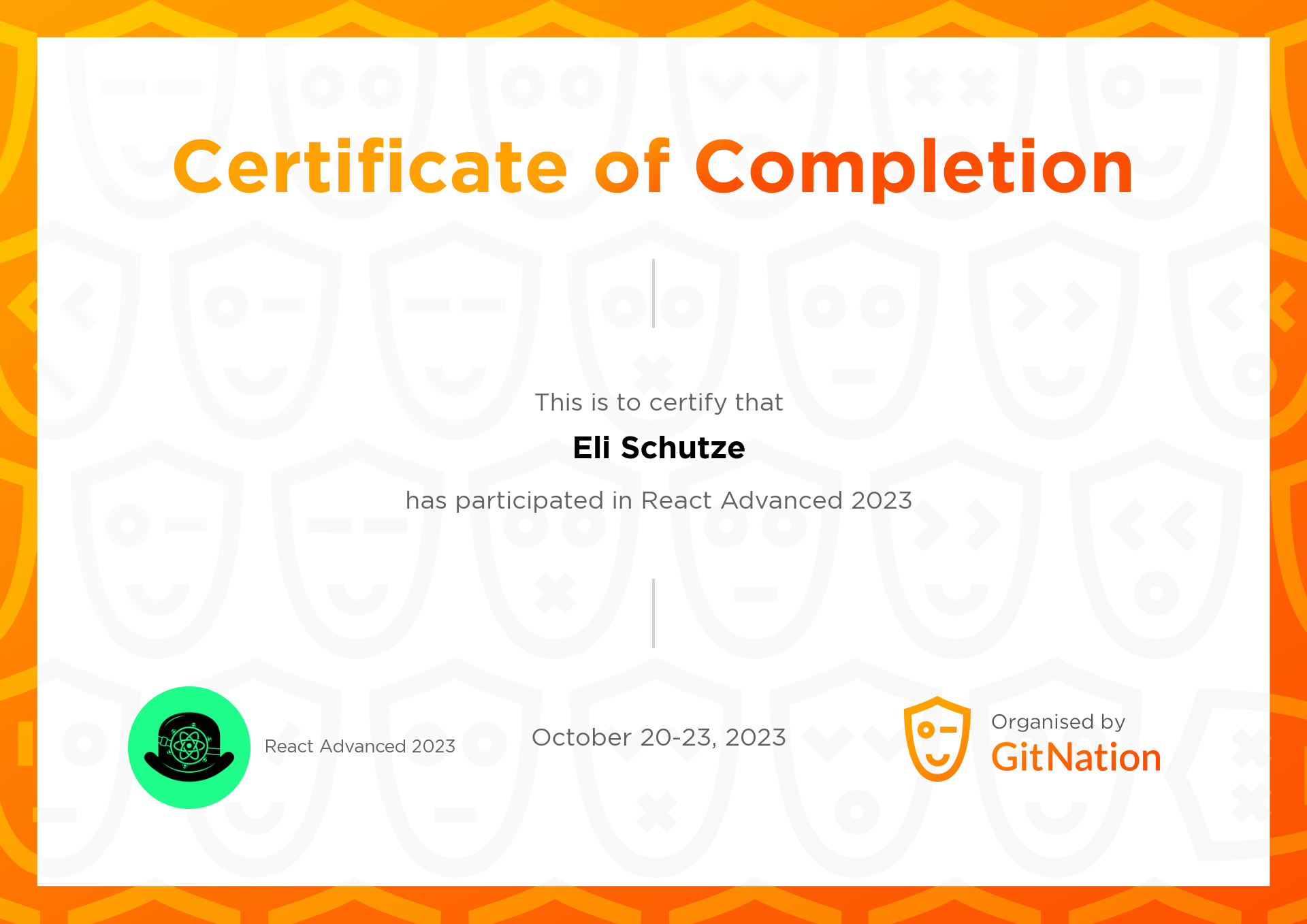 Eli Schutze's Certificate from React Advanced