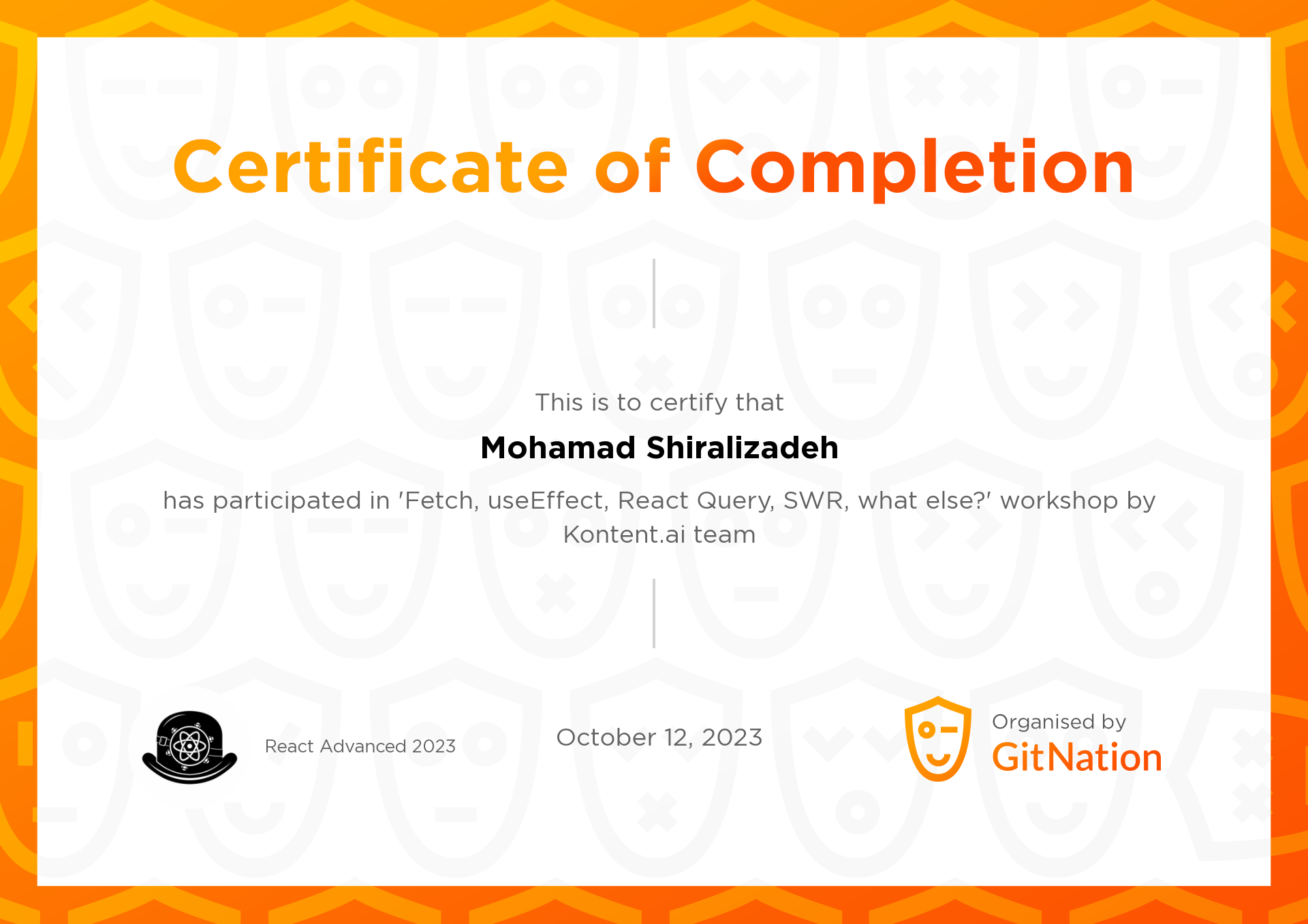 Mohamad Shiralizadeh's Certificate from React Advanced