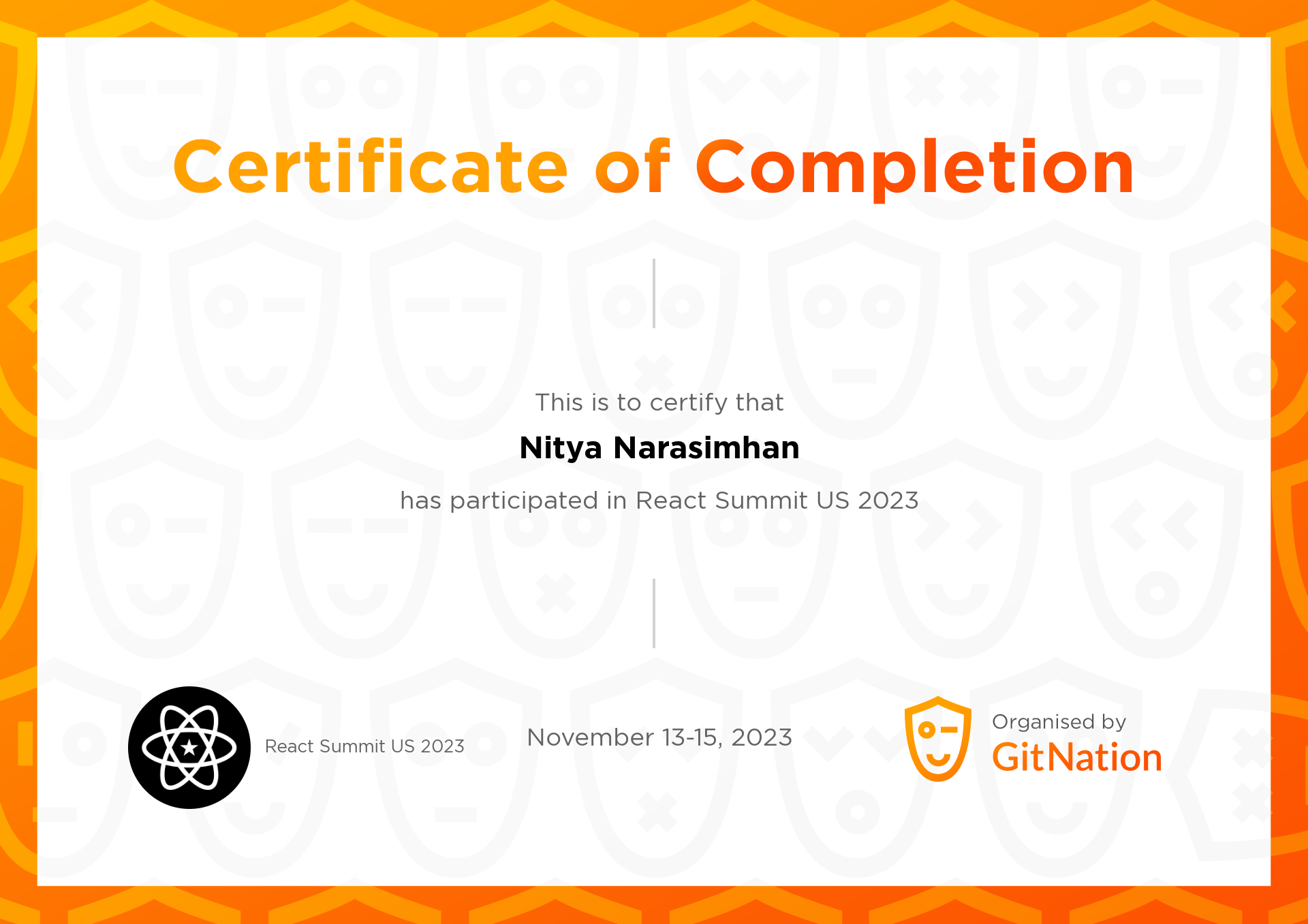 Nitya Narasimhan's Certificate from React Summit US