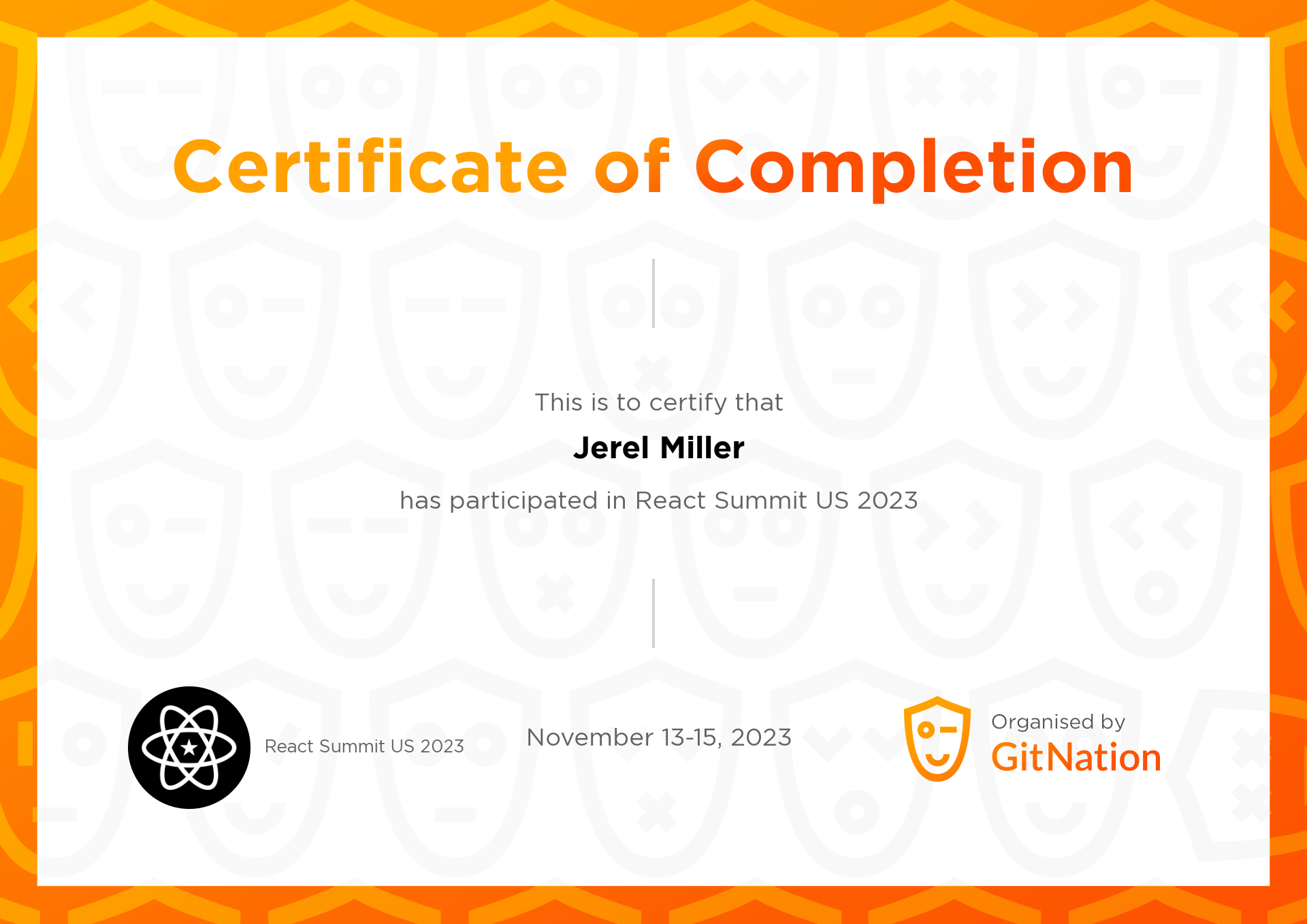 Jerel Miller's Certificate from React Summit US