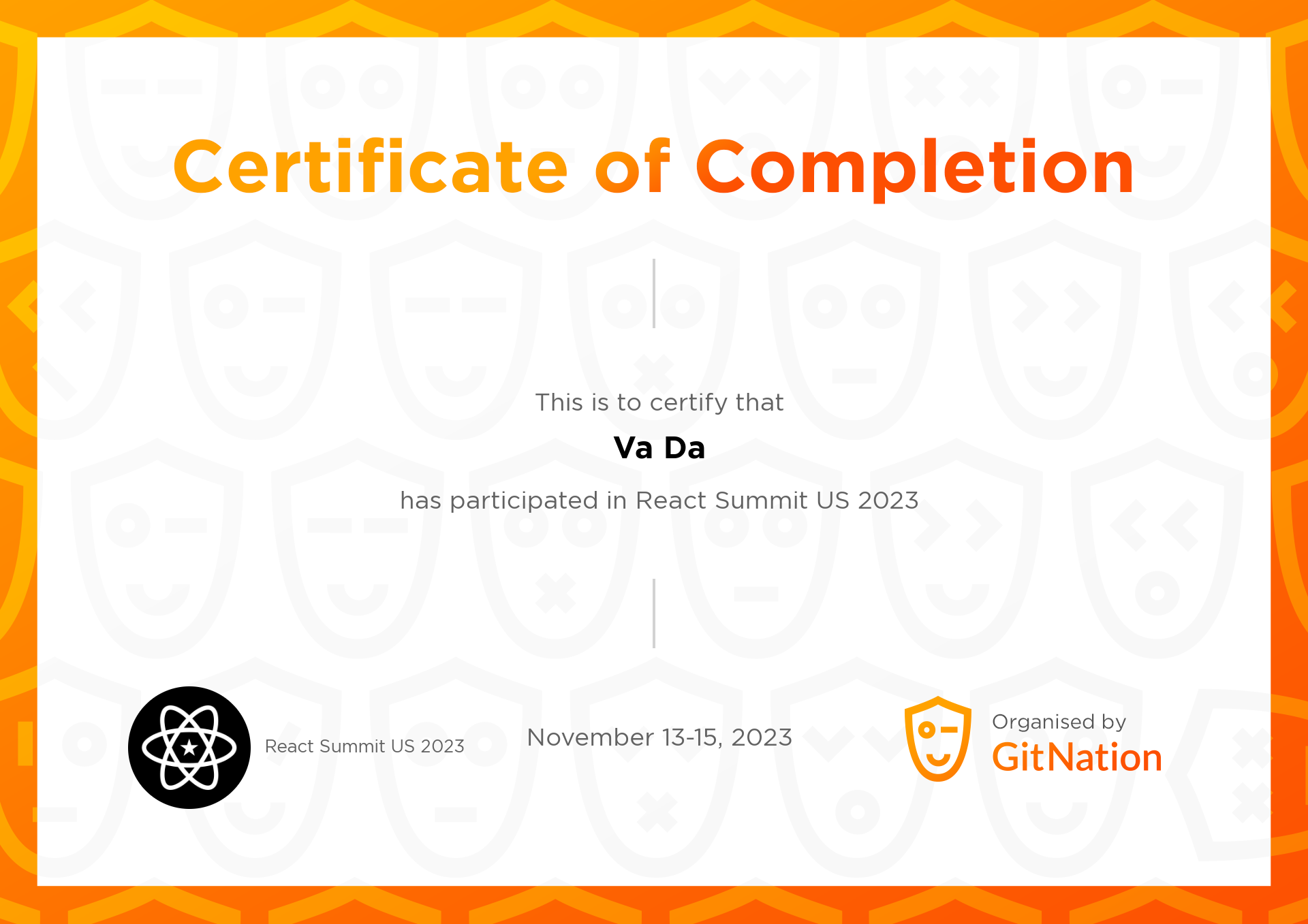 Va Da's Certificate from React Summit US