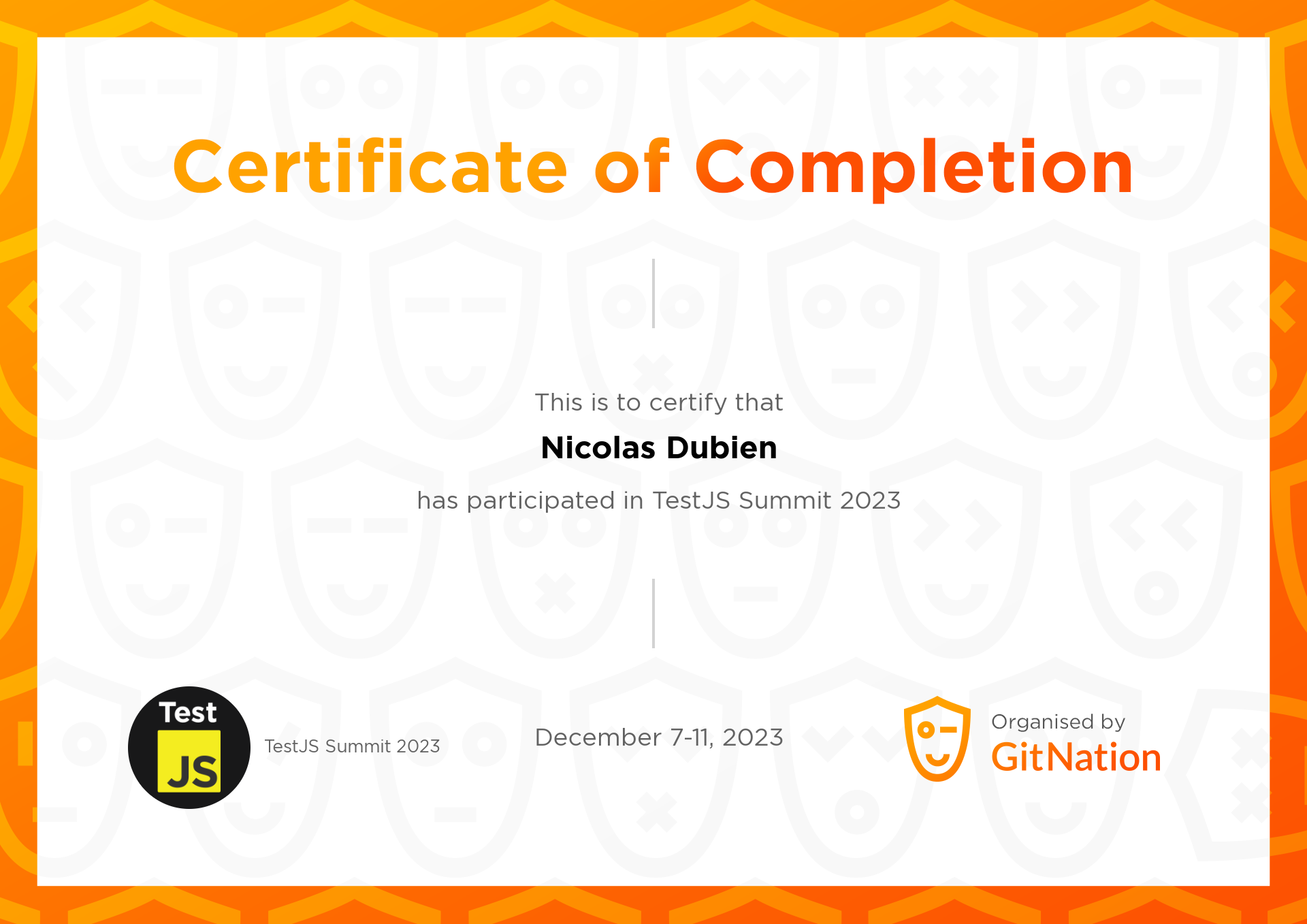 Nicolas Dubien's Certificate from TestJS Summit