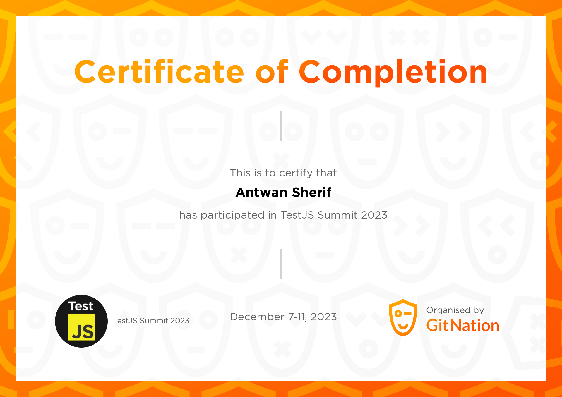 Antwan Sherif's Certificate from TestJS Summit
