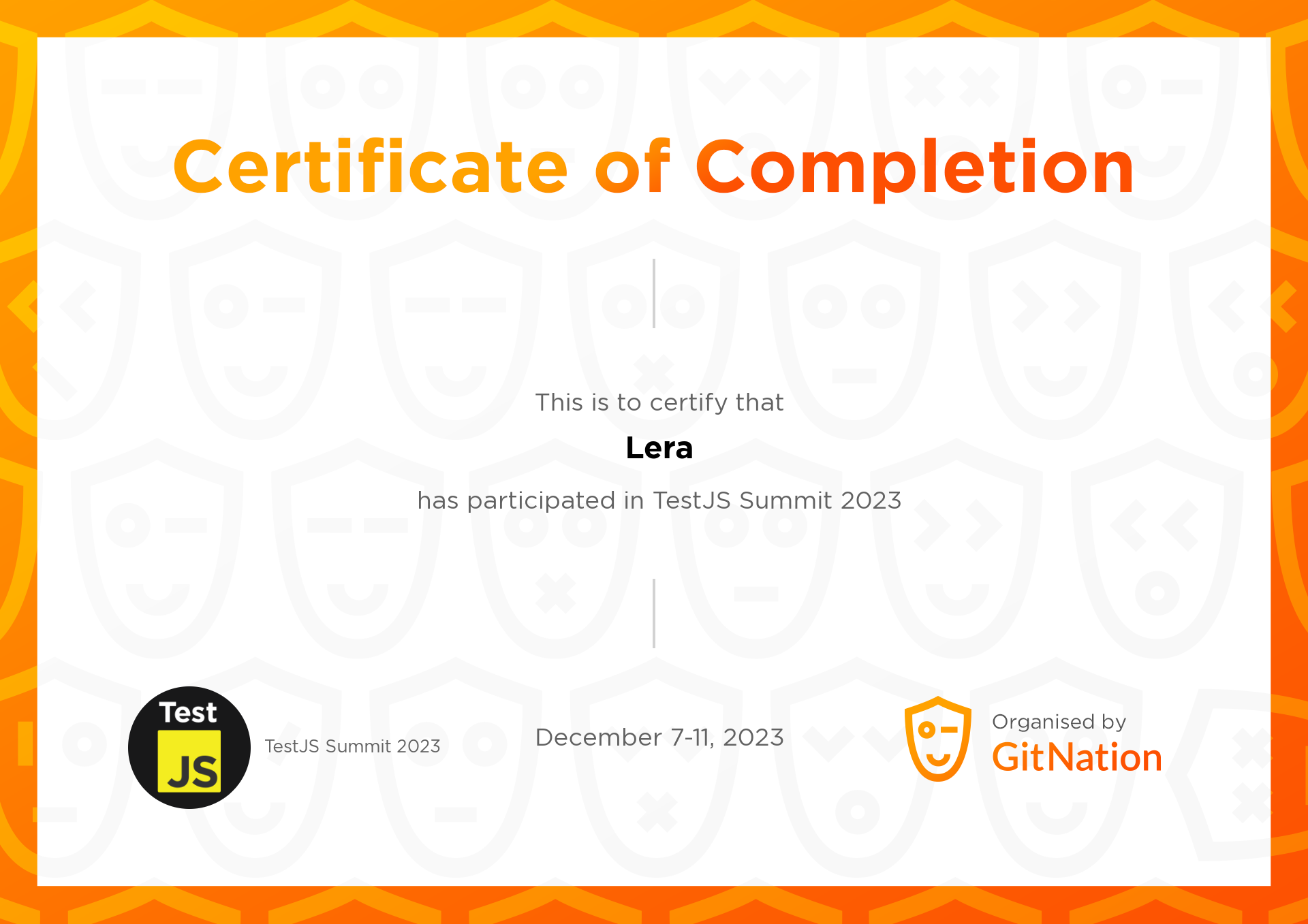 Lera's Certificate from TestJS Summit