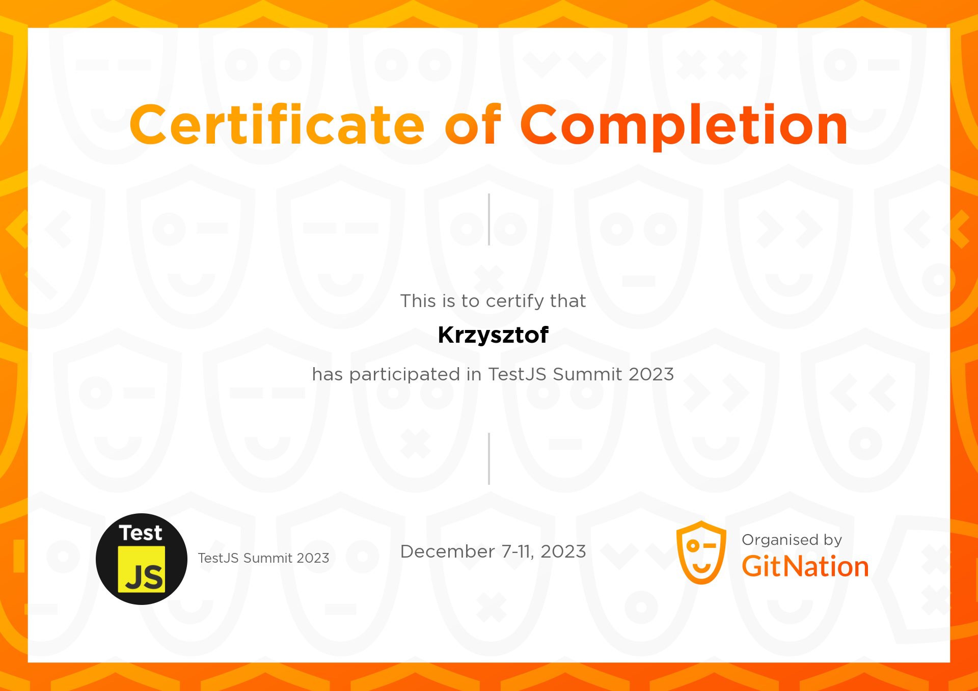 Krzysztof's Certificate from TestJS Summit