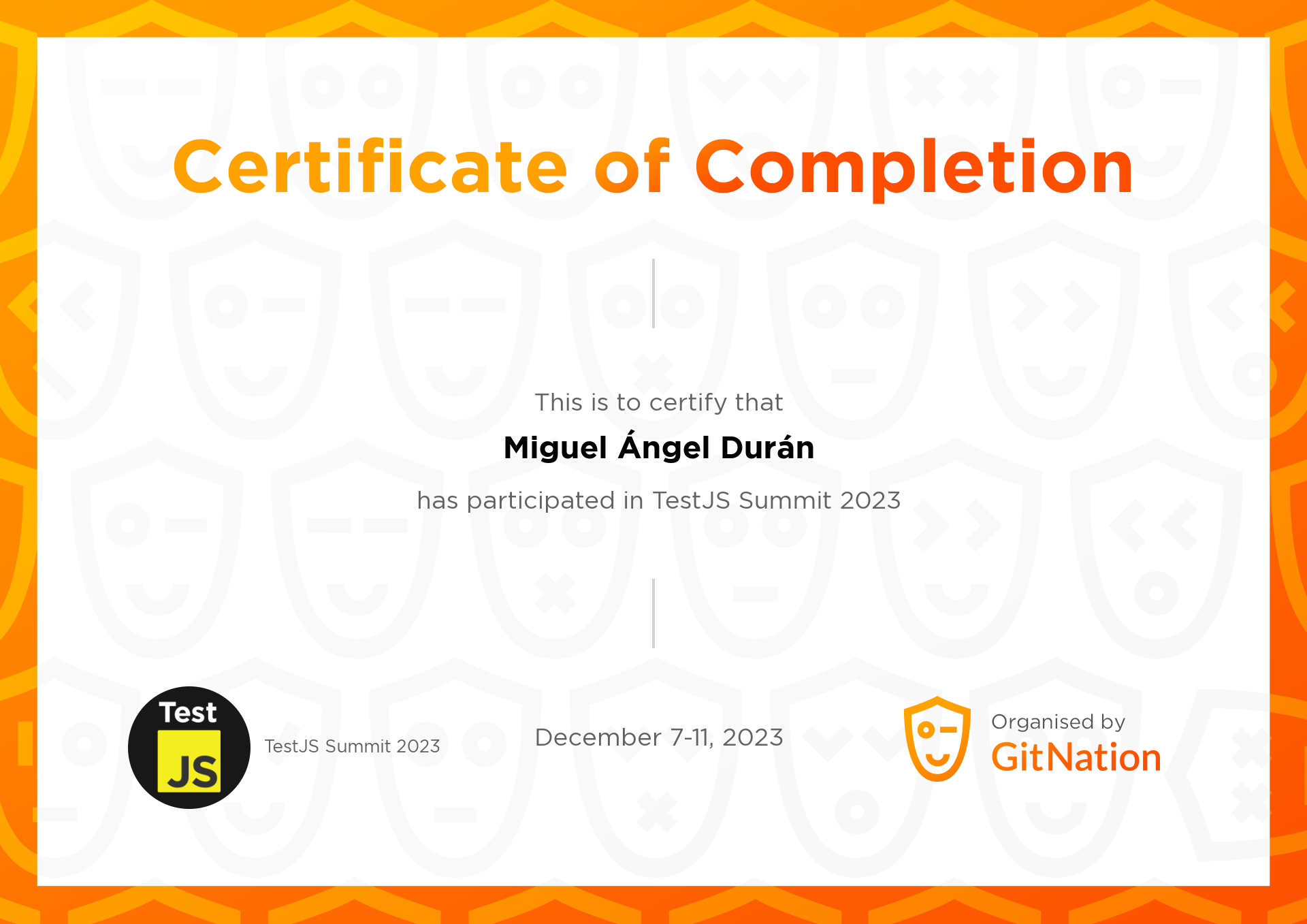 Miguel Ángel Durán's Certificate from TestJS Summit