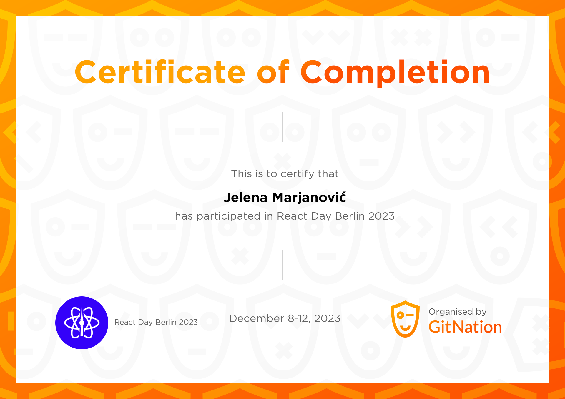 Jelena Marjanović's Certificate from React Day Berlin