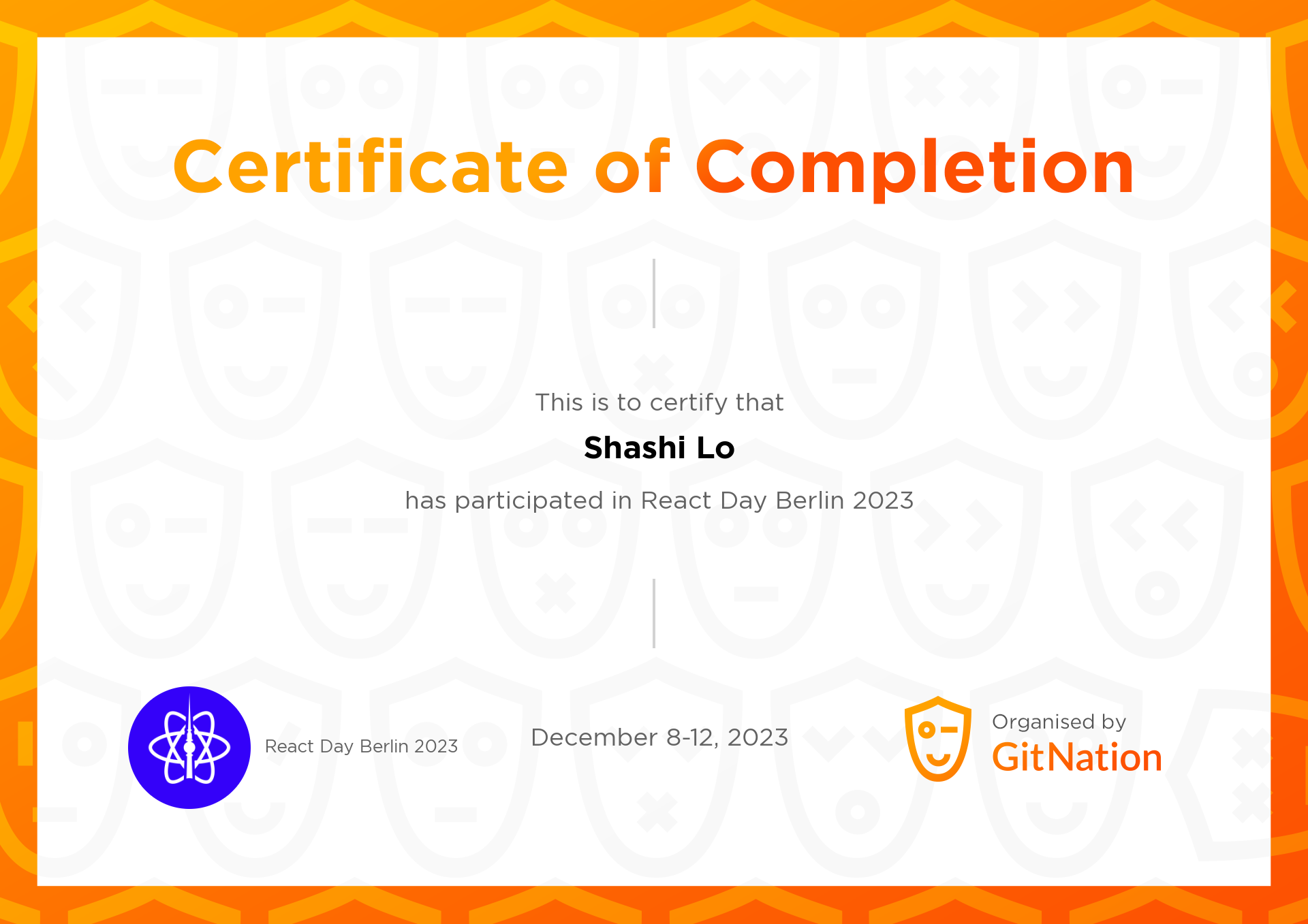 Shashi Lo's Certificate from React Day Berlin