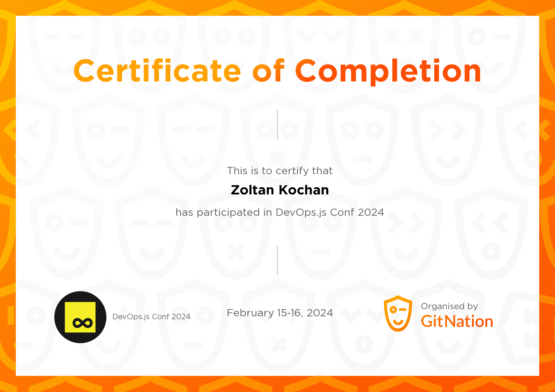 Zoltan Kochan's Certificate from DevOps.js