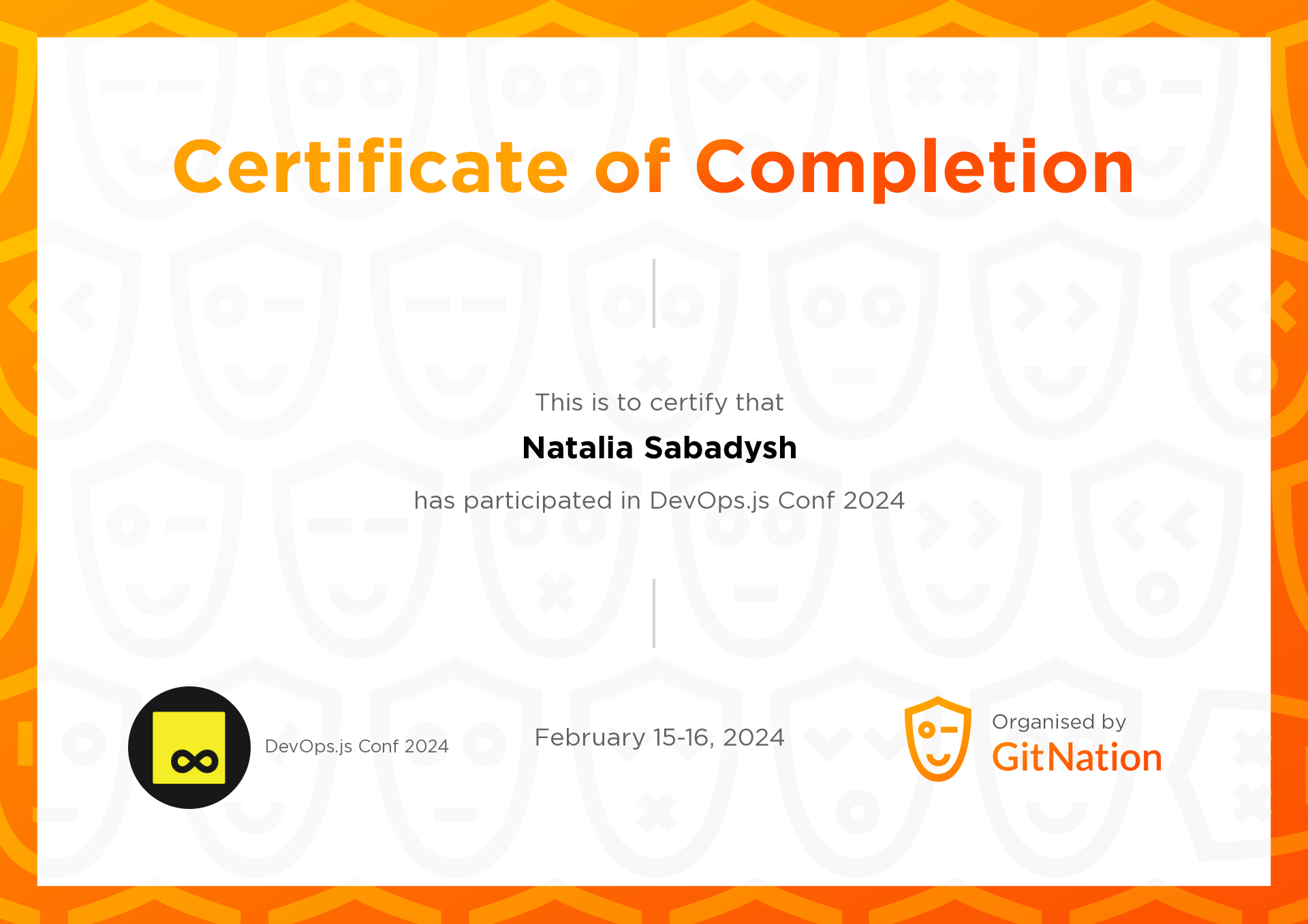 Natalia Sabadysh's Certificate from DevOps.js