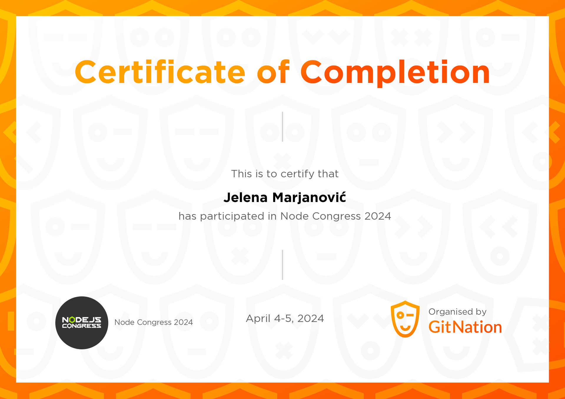 Jelena Marjanović's Certificate from Node Congress