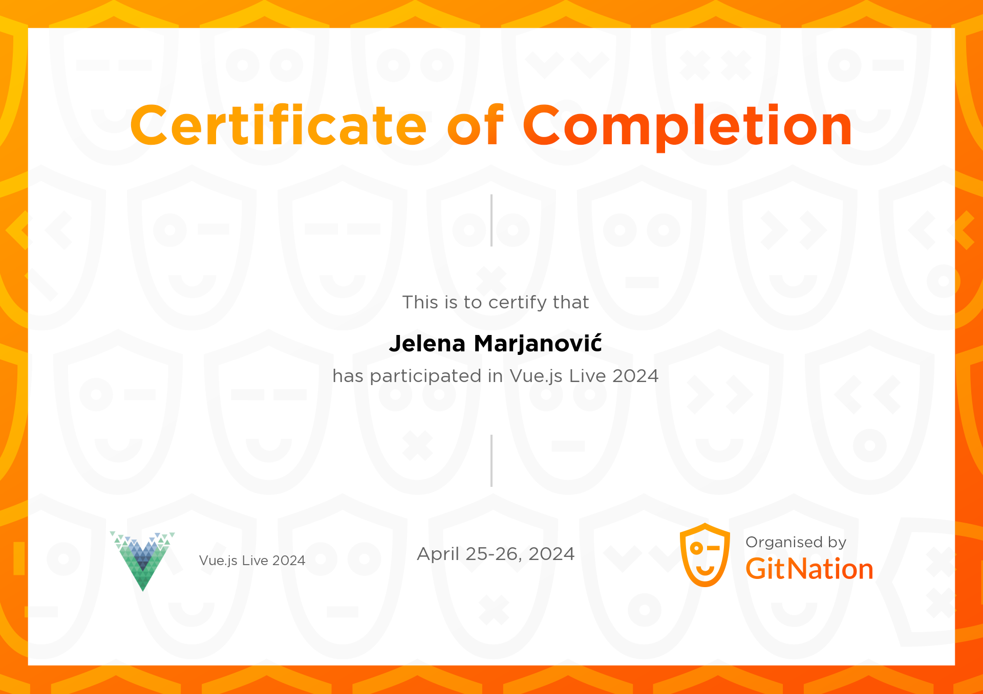 Jelena Marjanović's Certificate from Vue.js Live Conference