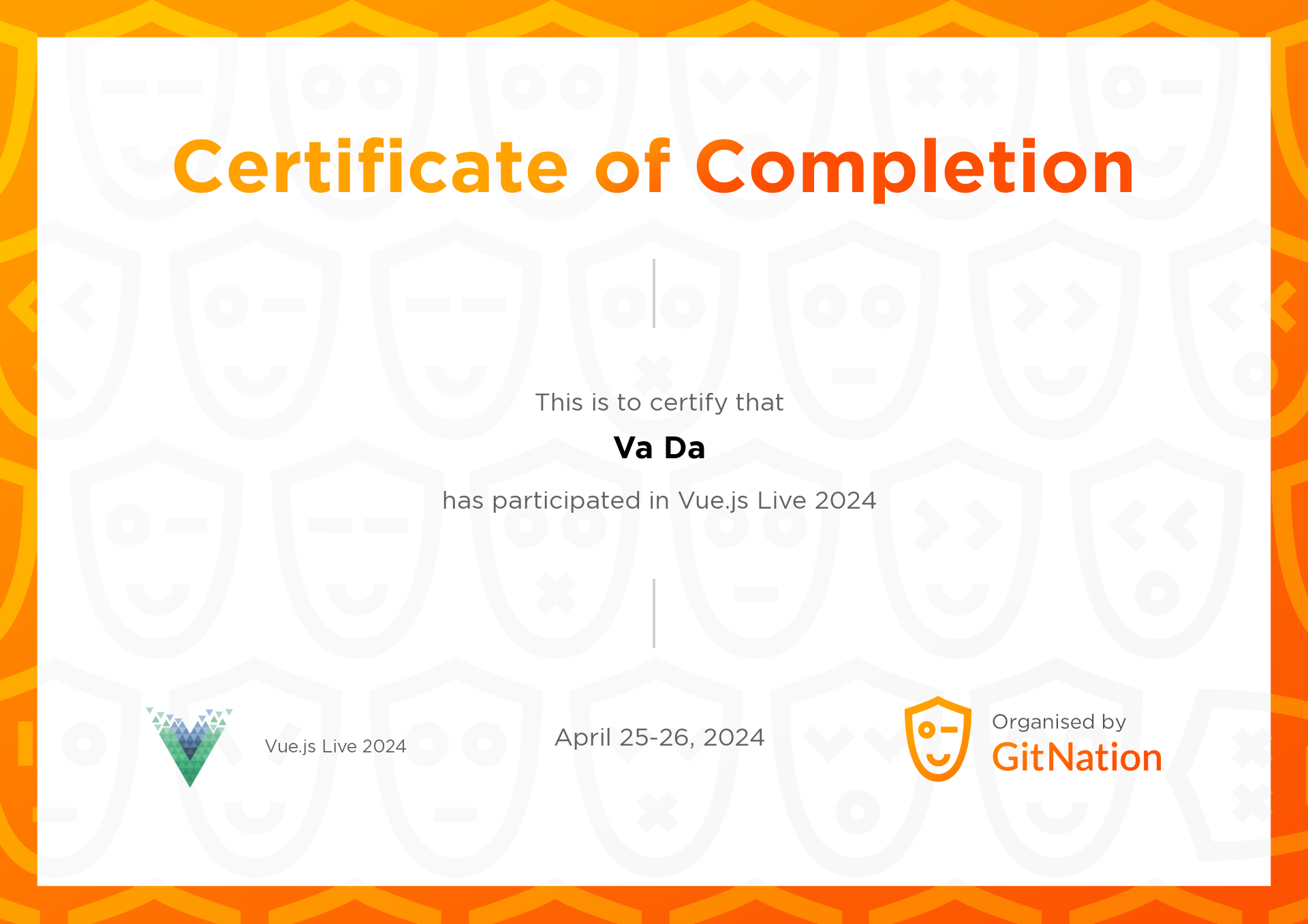 Va Da's Certificate from Vue.js Live Conference