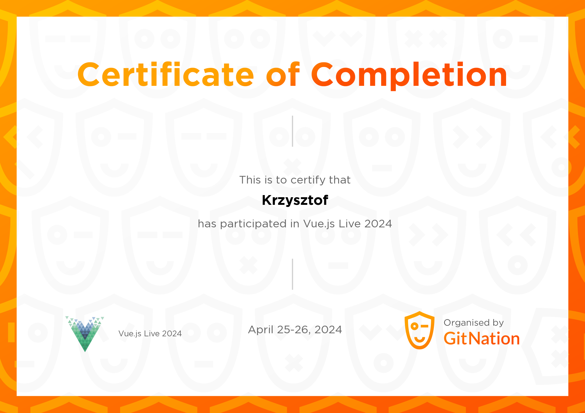 Krzysztof's Certificate from Vue.js Live Conference