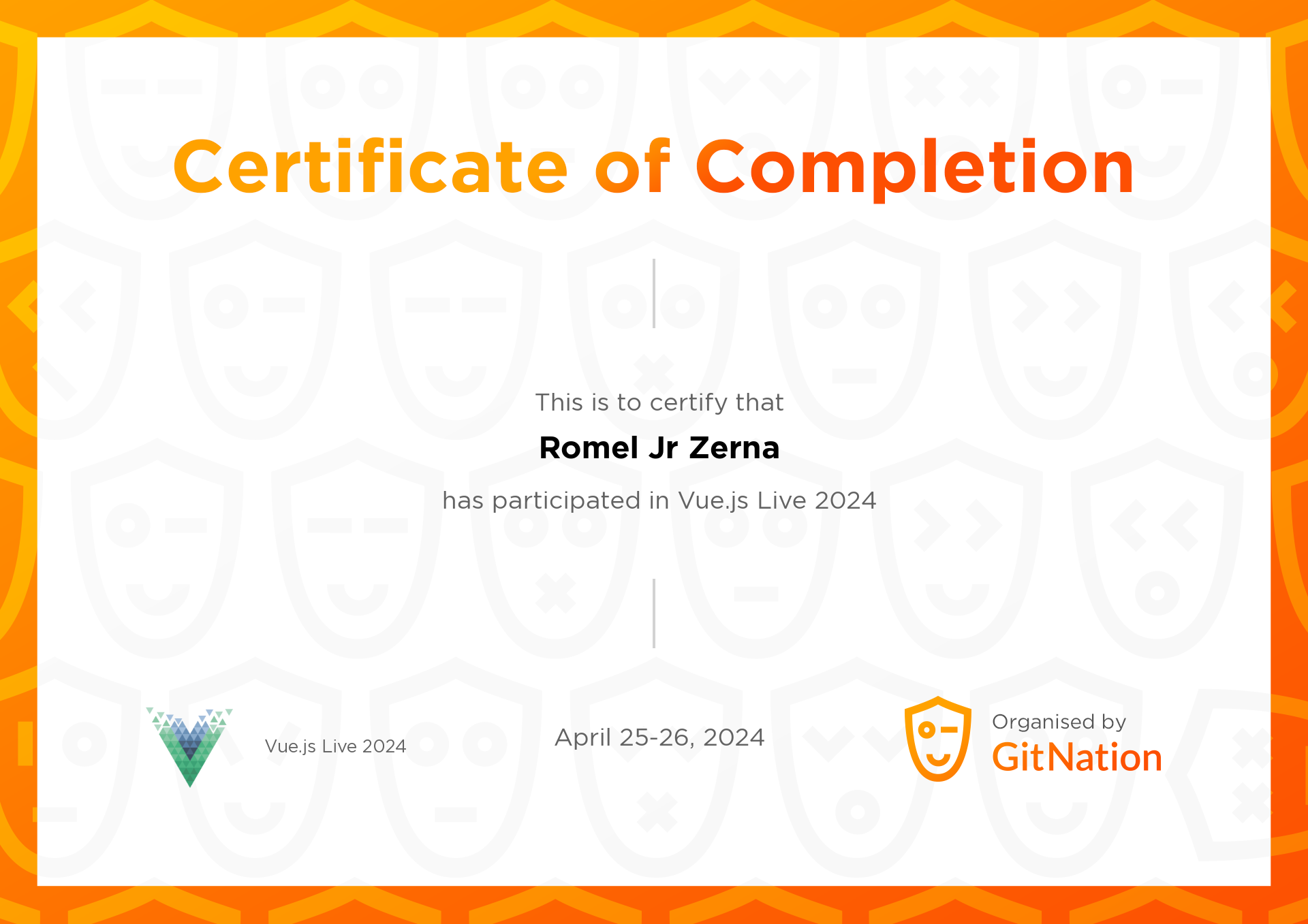 Romel Jr Zerna's Certificate from Vue.js Live Conference