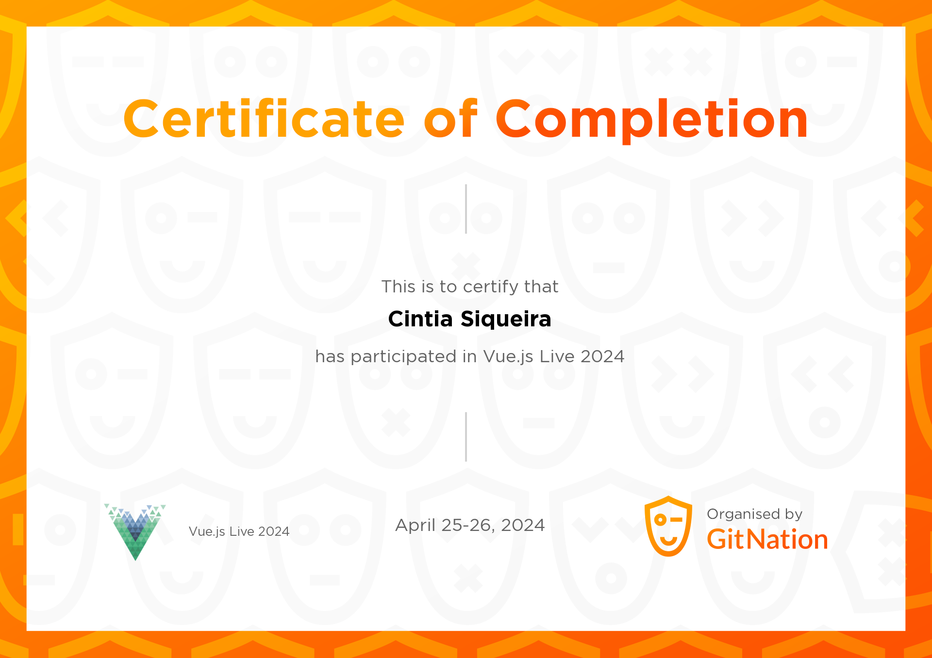 Cintia Siqueira's Certificate from Vue.js Live Conference