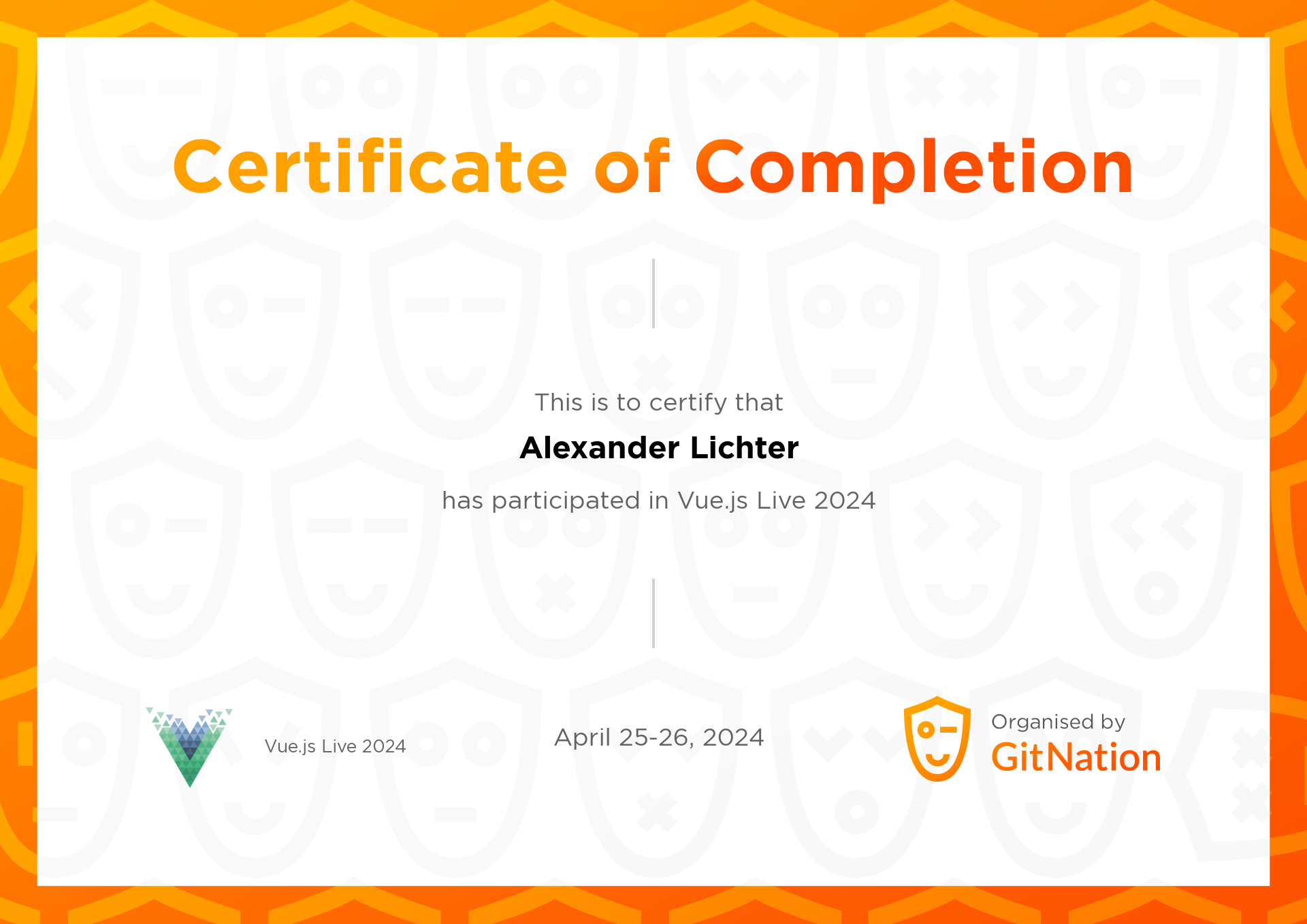 Alexander Lichter's Certificate from Vue.js Live Conference