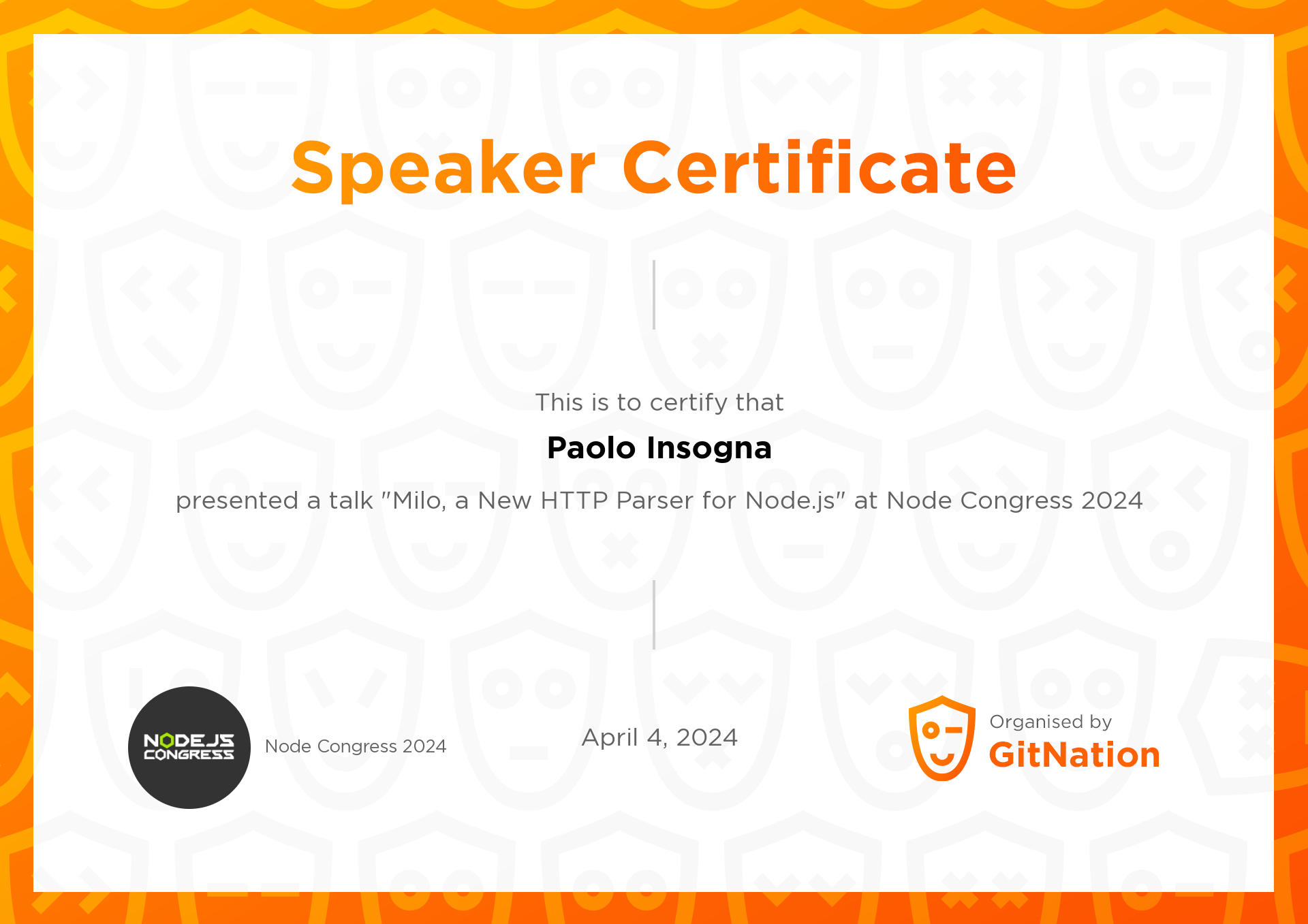 Paolo Insogna's Certificate from Node Congress