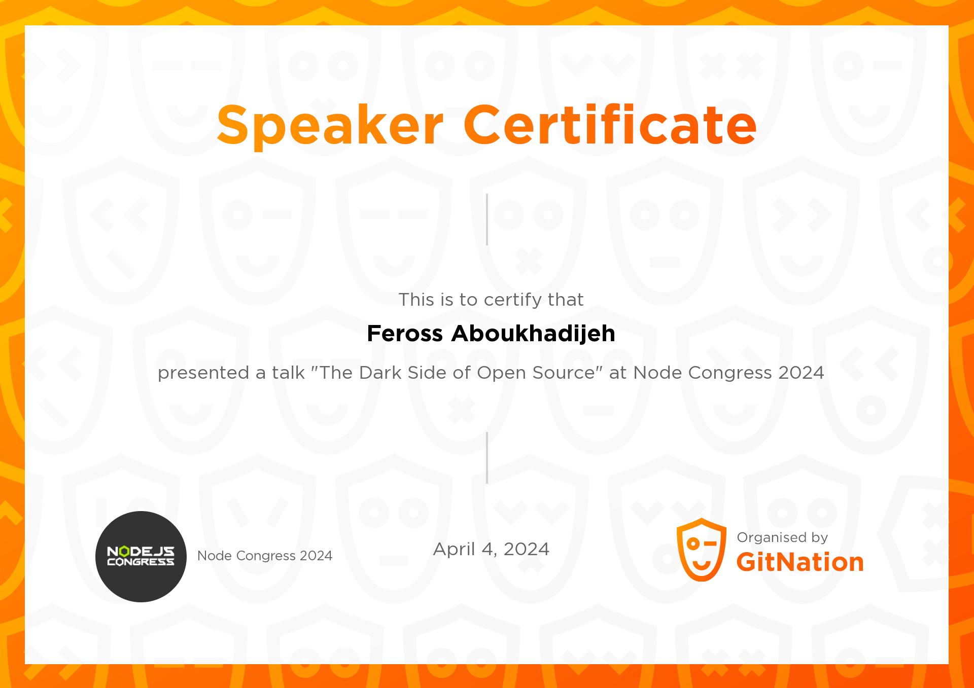 Feross Aboukhadijeh's Certificate from Node Congress