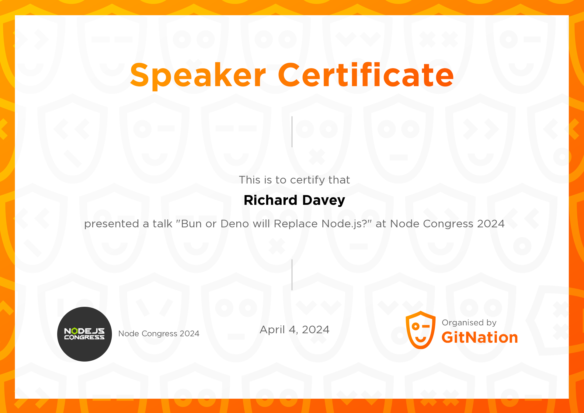 Richard Davey's Certificate from Node Congress