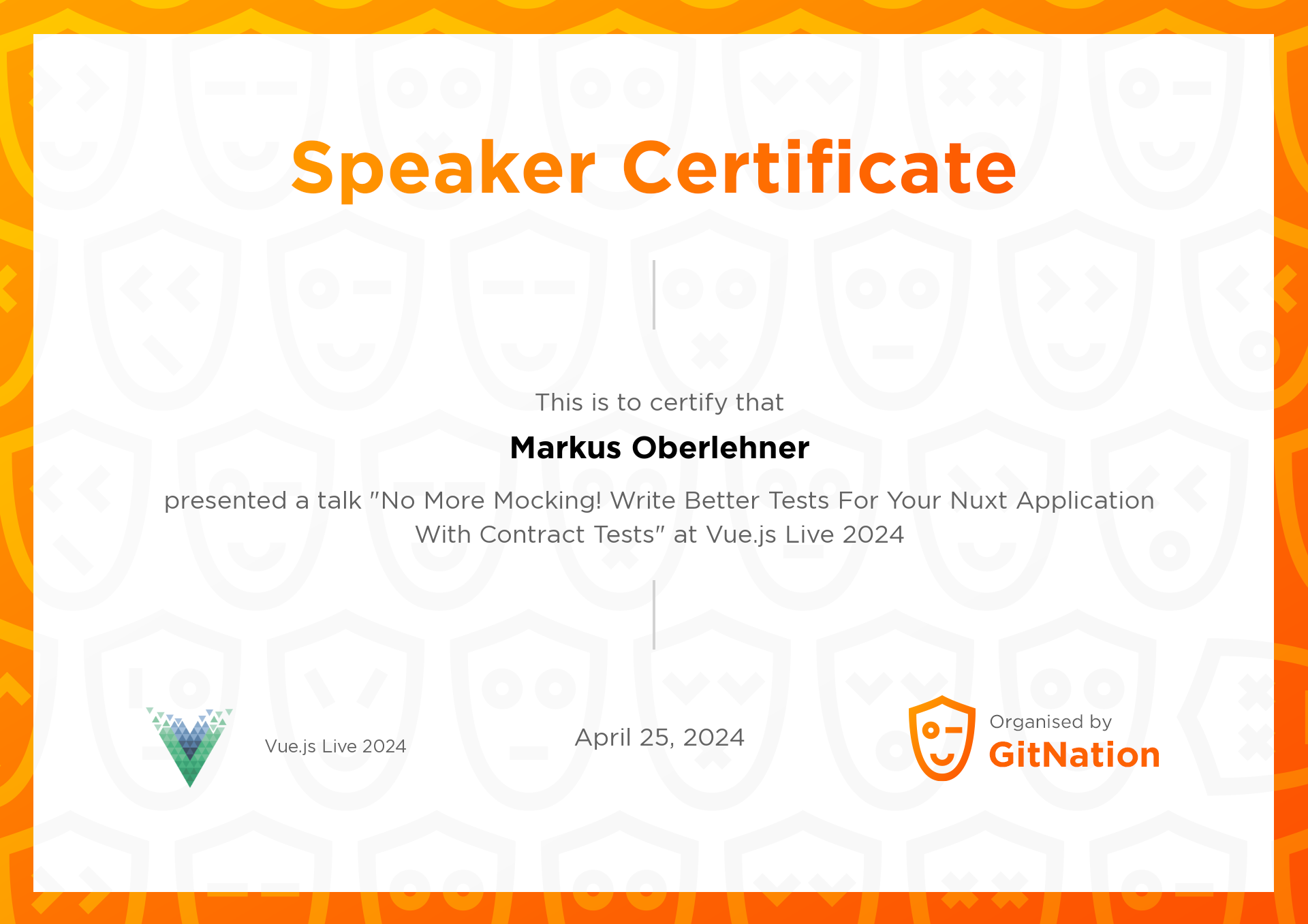 Markus Oberlehner's Certificate from Vue.js Live Conference