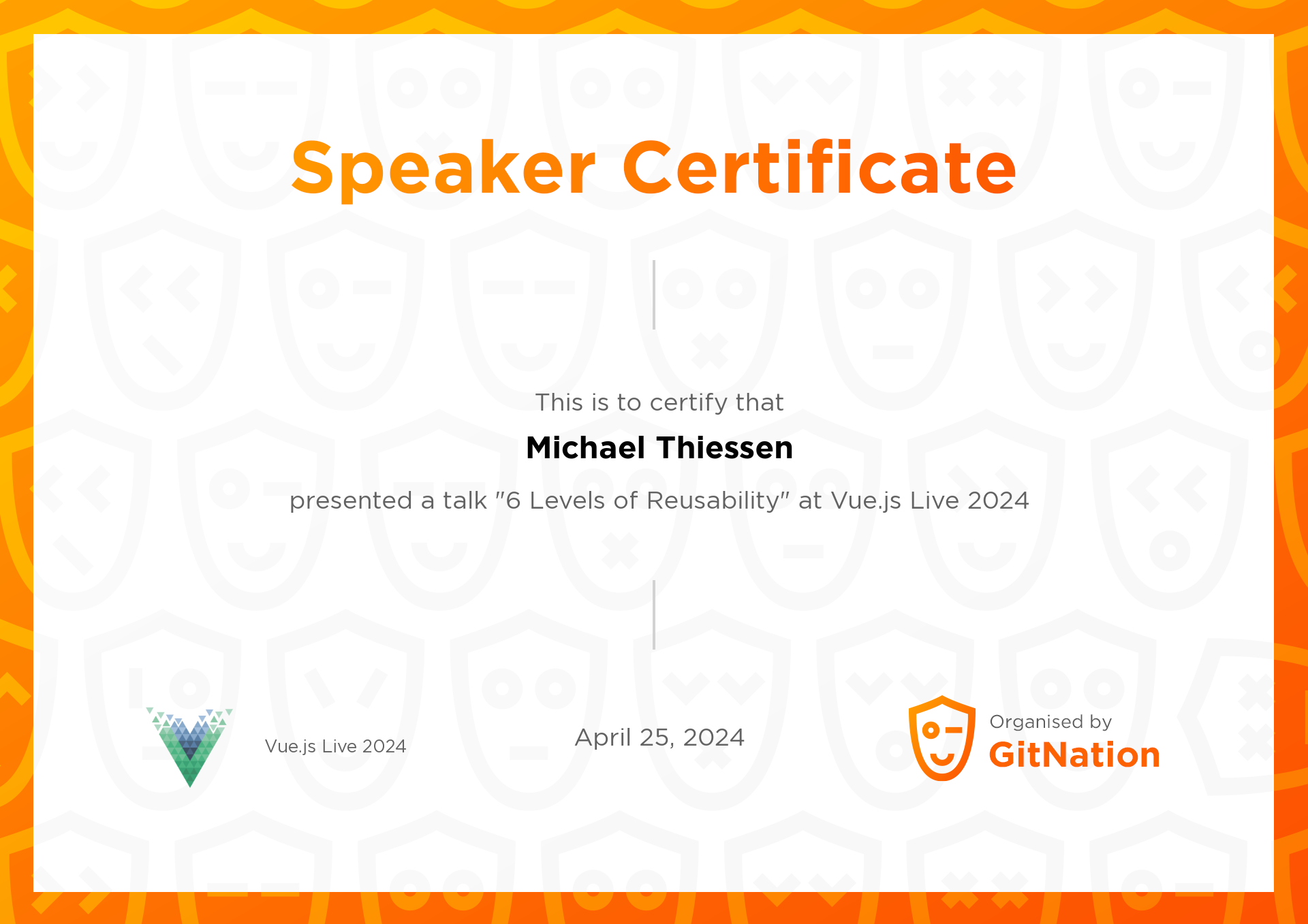 Michael Thiessen's Certificate from Vue.js Live Conference