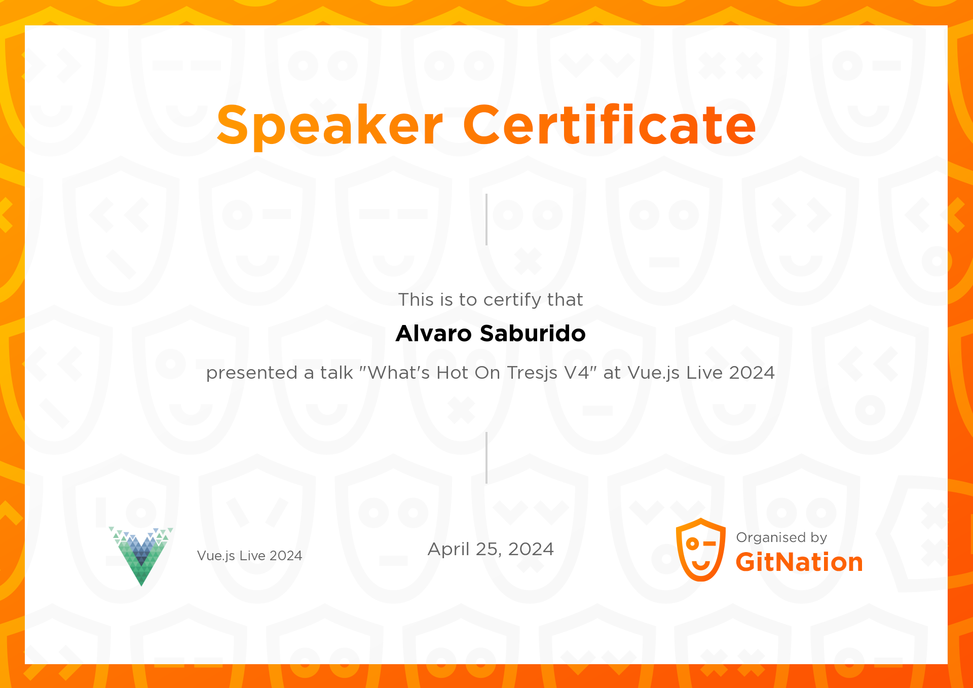 Alvaro Saburido's Certificate from Vue.js Live Conference