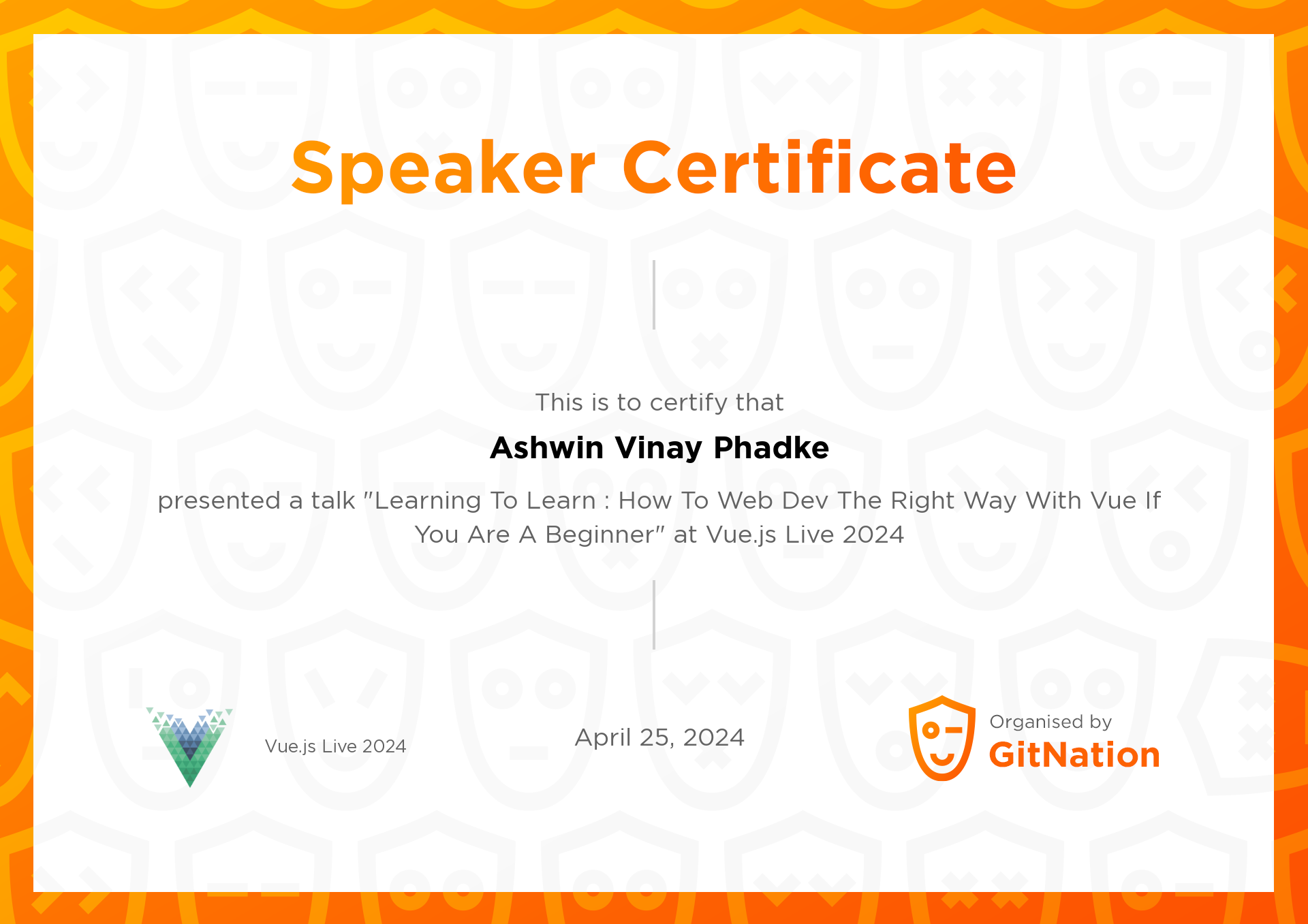 Ashwin Vinay Phadke's Certificate from Vue.js Live Conference