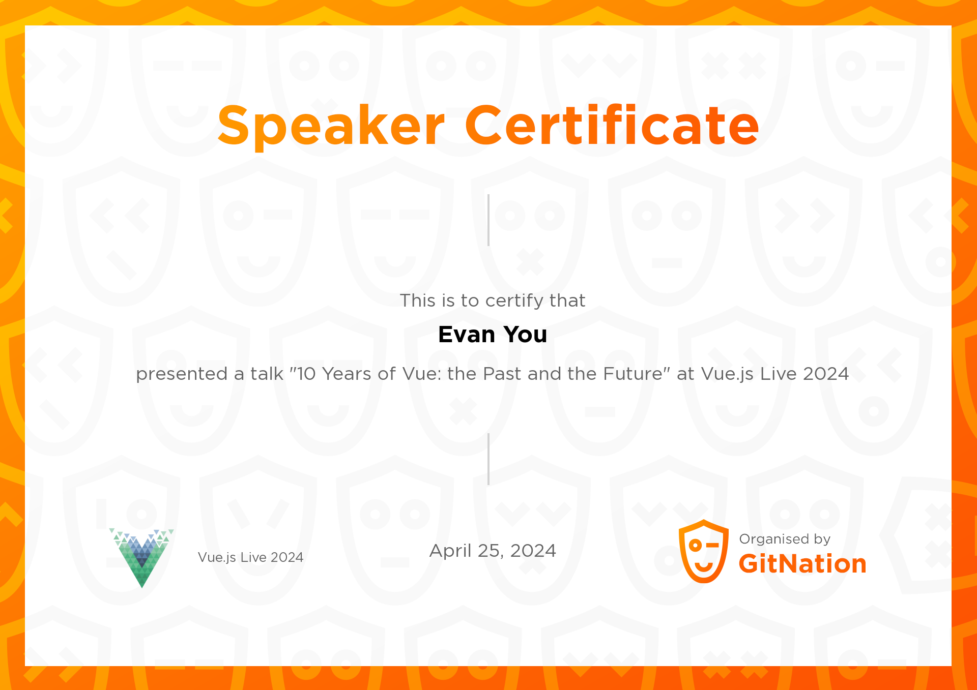 Evan You's Certificate from Vue.js Live Conference