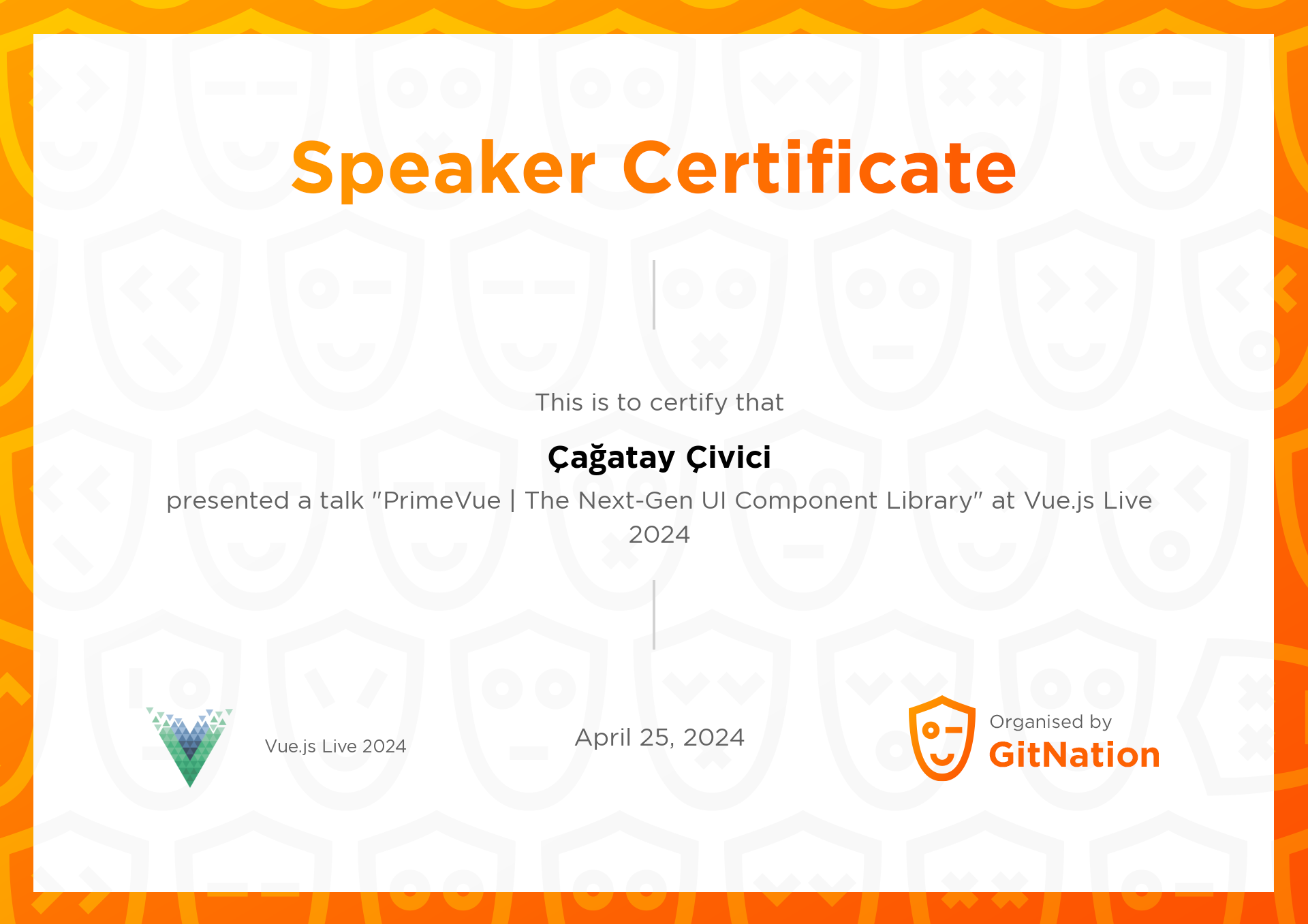 Çağatay Çivici's Certificate from Vue.js Live Conference