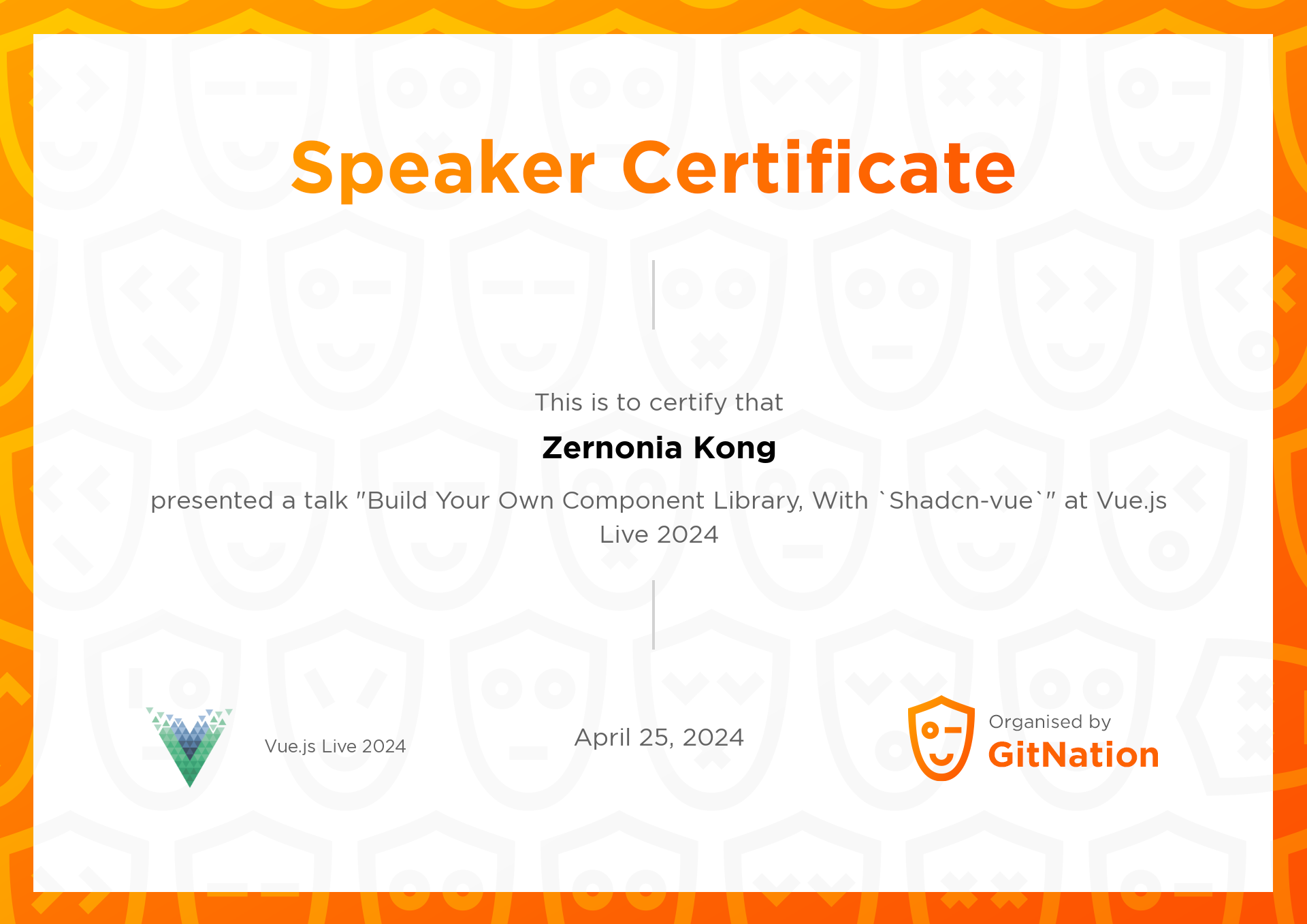 Zernonia Kong's Certificate from Vue.js Live Conference