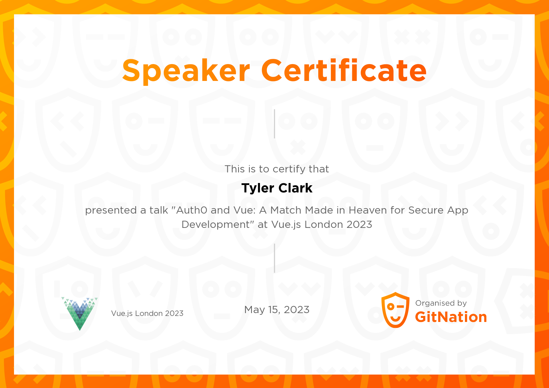 Tyler Clark's Certificate from Vue.js Live Conference