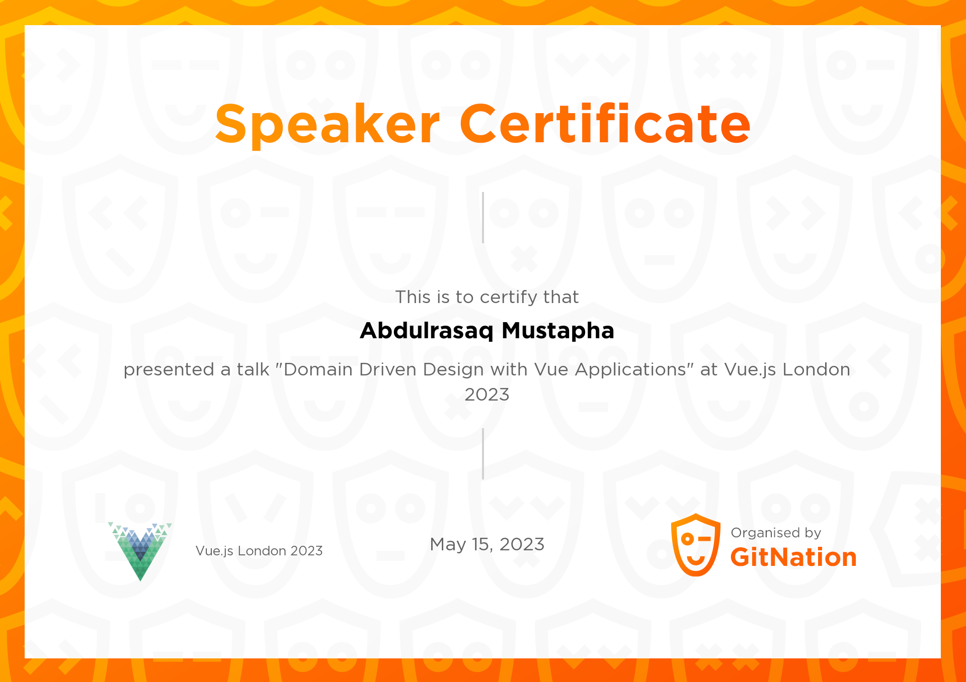 Abdulrasaq Mustapha's Certificate from Vue.js Live Conference