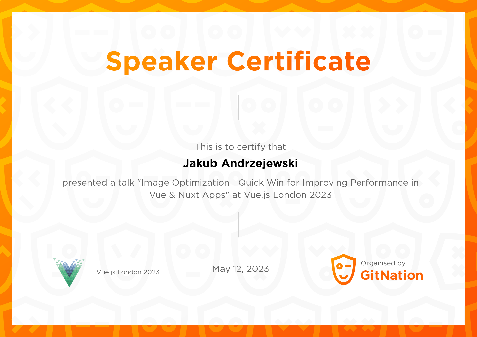 Jakub Andrzejewski's Certificate from Vue.js Live Conference