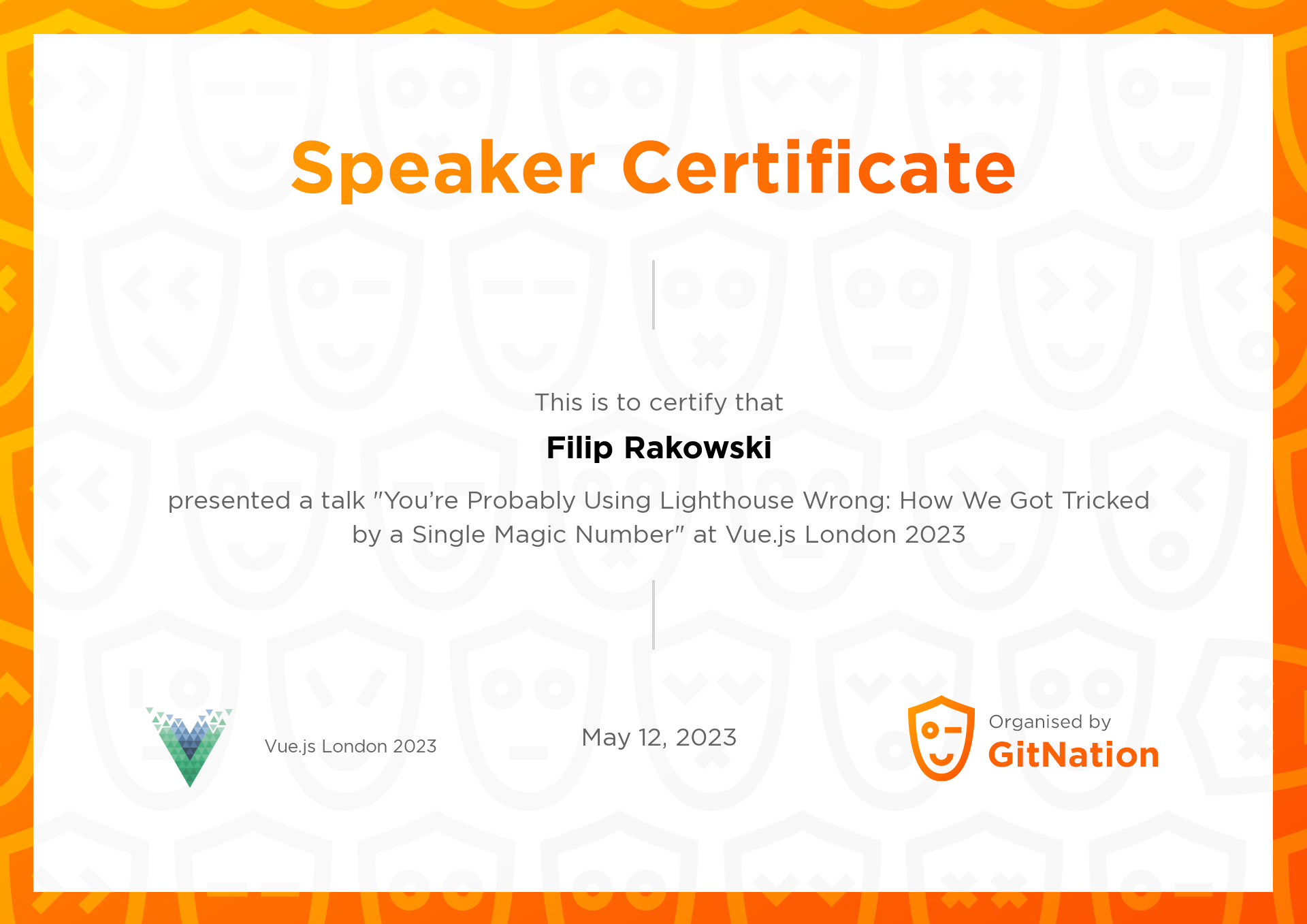 Filip Rakowski's Certificate from Vue.js Live Conference