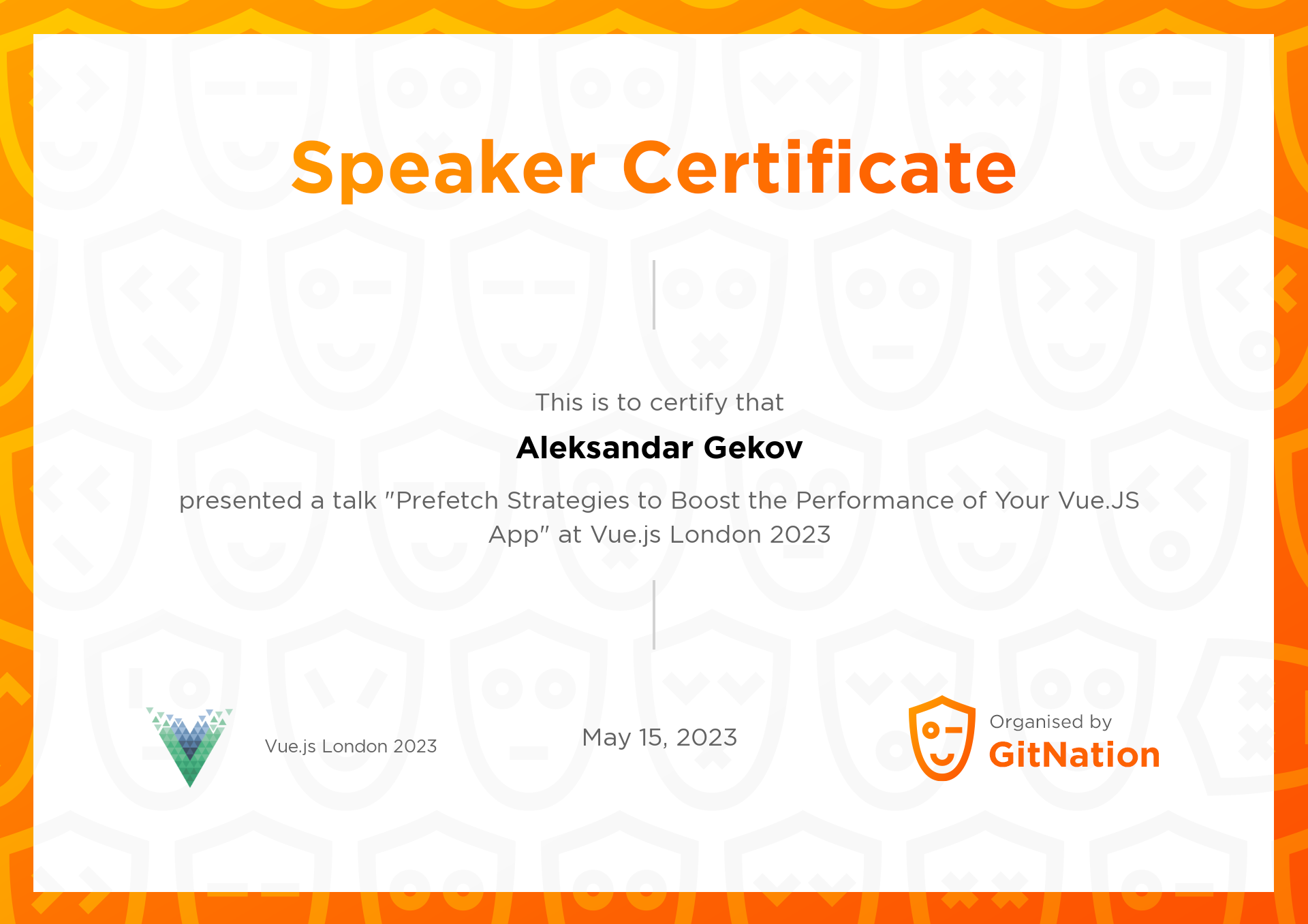 Aleksandar Gekov's Certificate from Vue.js Live Conference