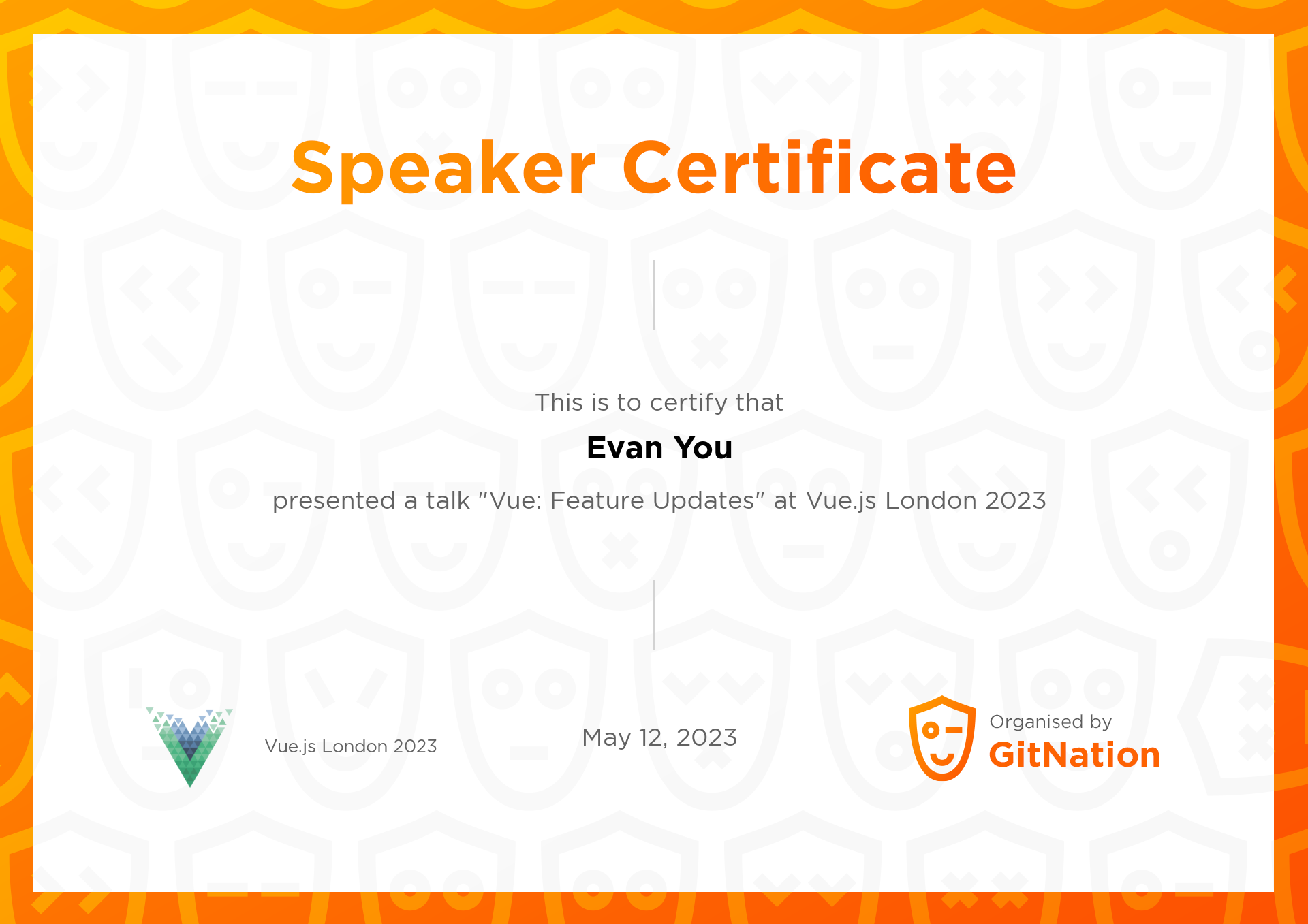 Evan You's Certificate from Vue.js Live Conference