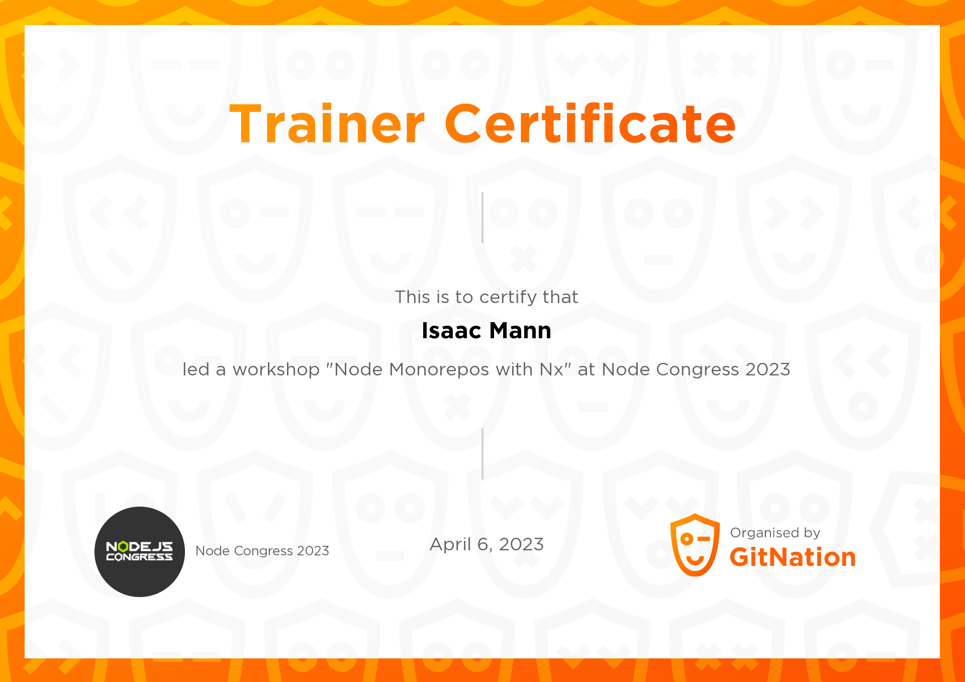 Isaac Mann's Certificate from Node Congress