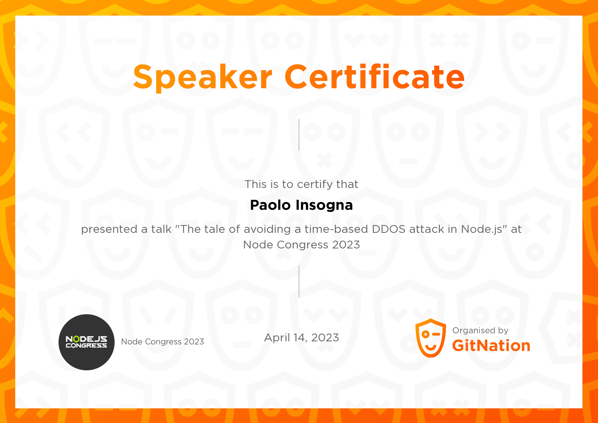 Paolo Insogna's Certificate from Node Congress