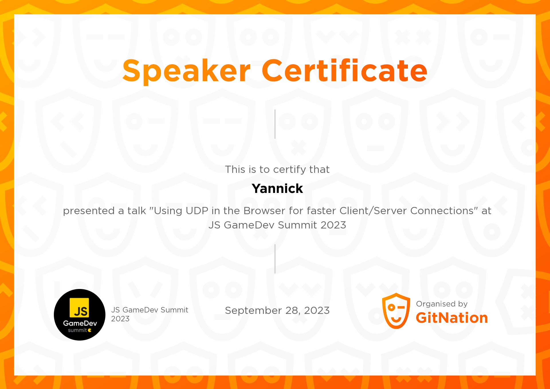 Yannick's Certificate from JS GameDev Summit