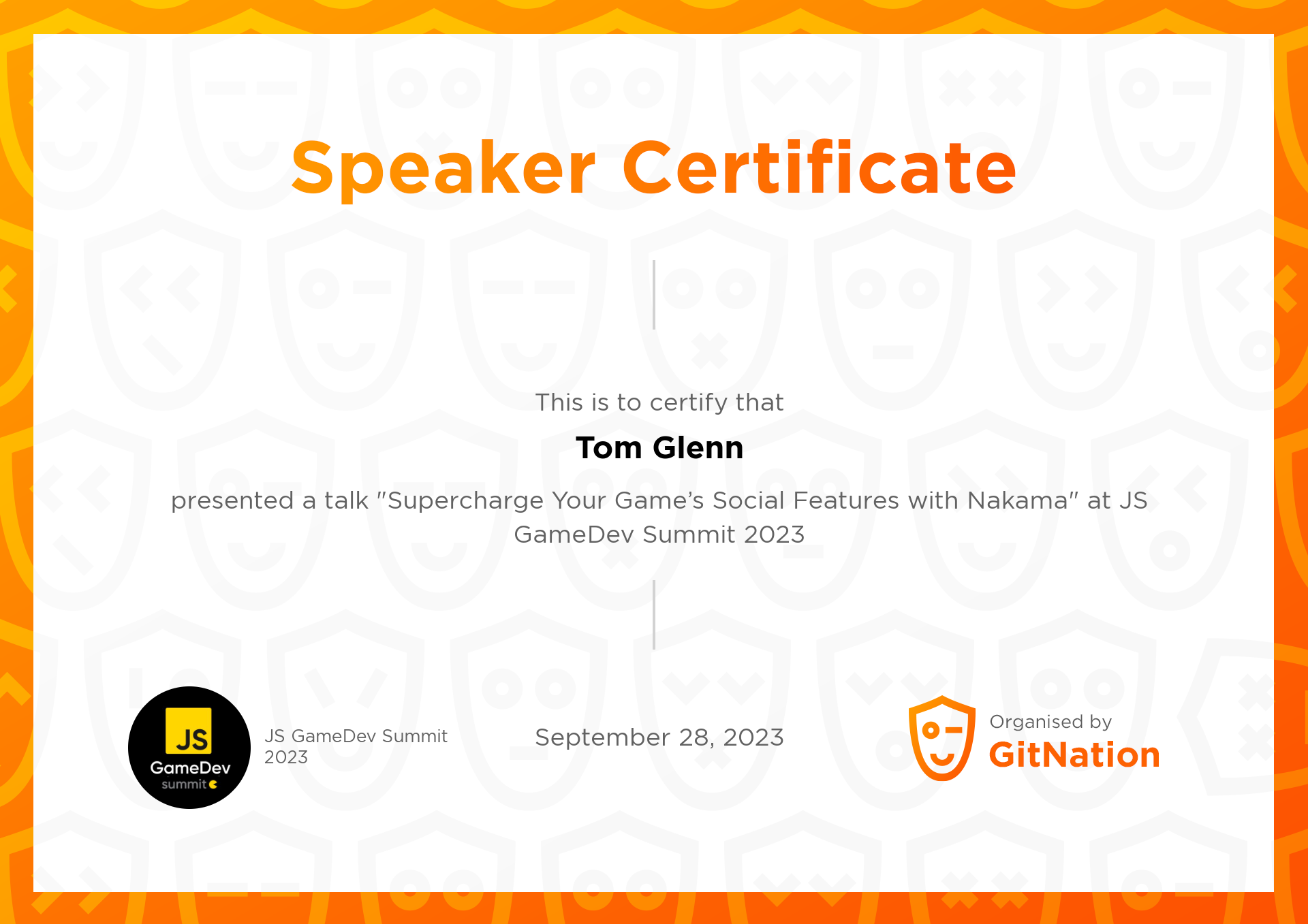 Tom Glenn's Certificate from JS GameDev Summit