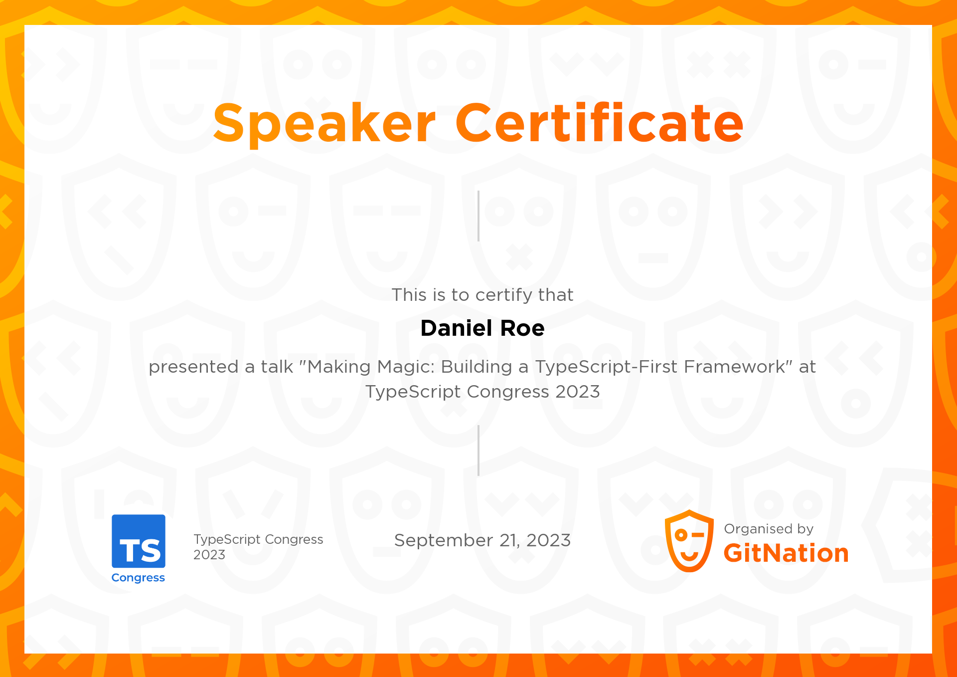 Daniel Roe's Certificate from TS Congress