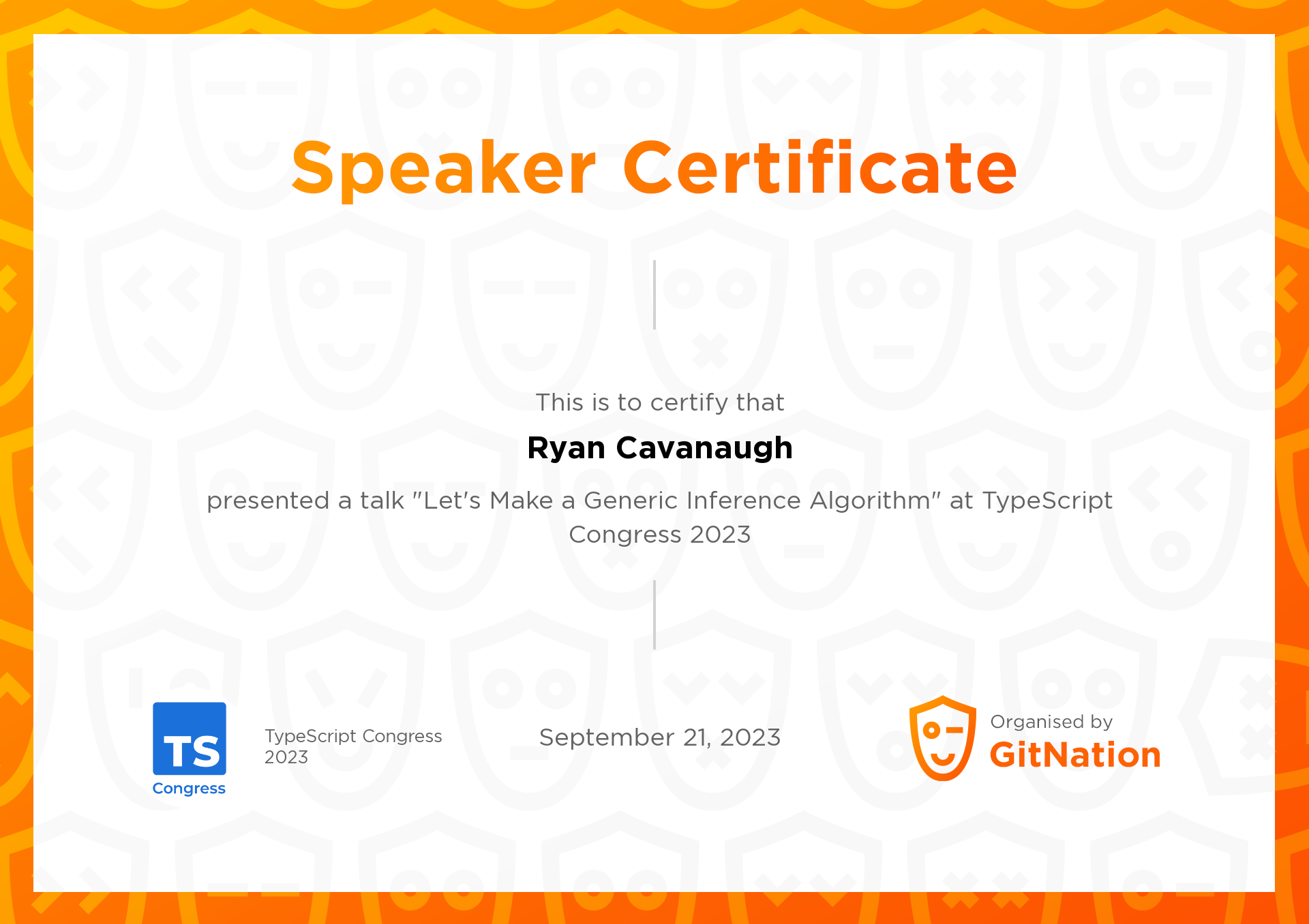 Ryan Cavanaugh's Certificate from TS Congress