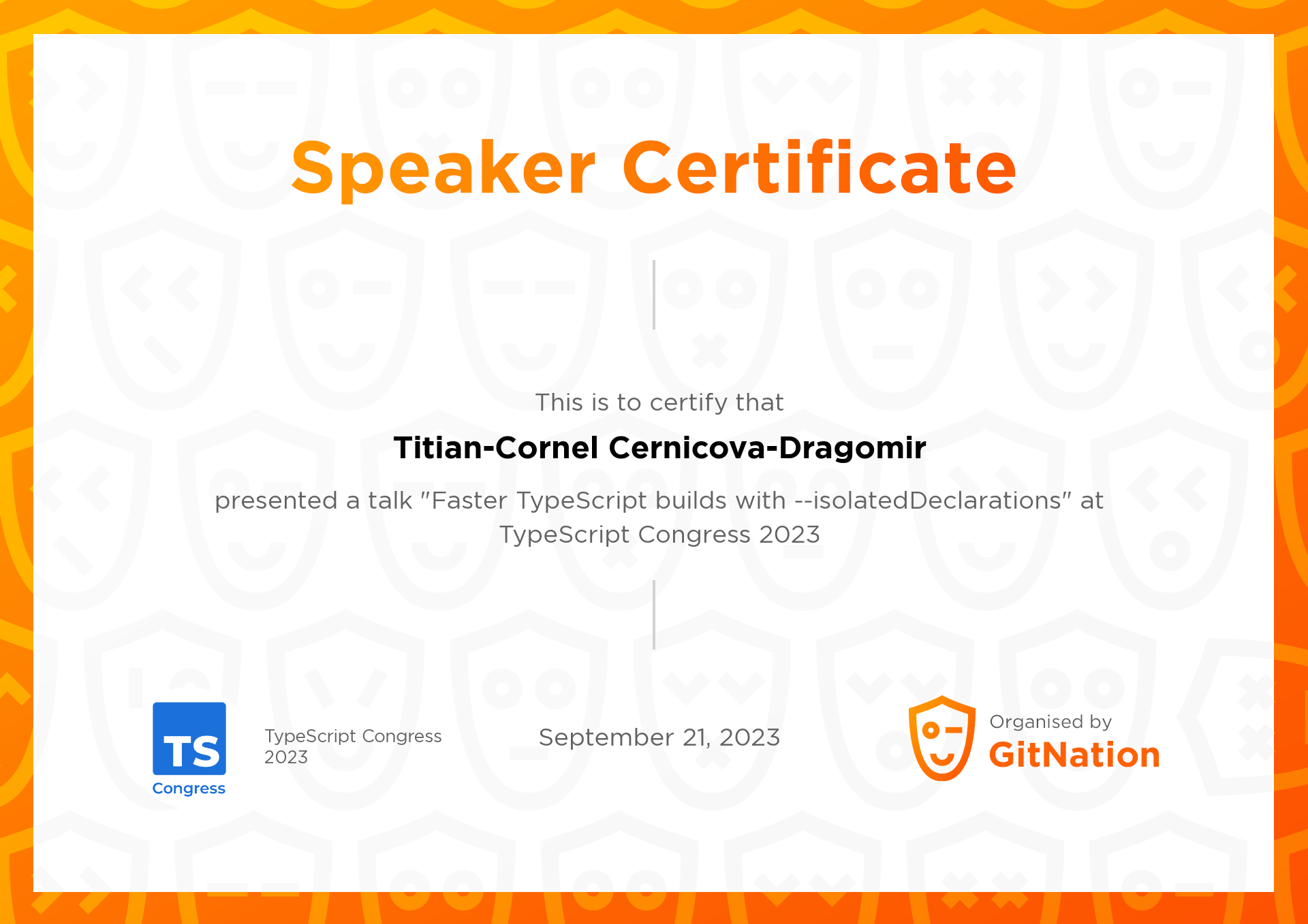 Titian-Cornel Cernicova-Dragomir's Certificate from TS Congress