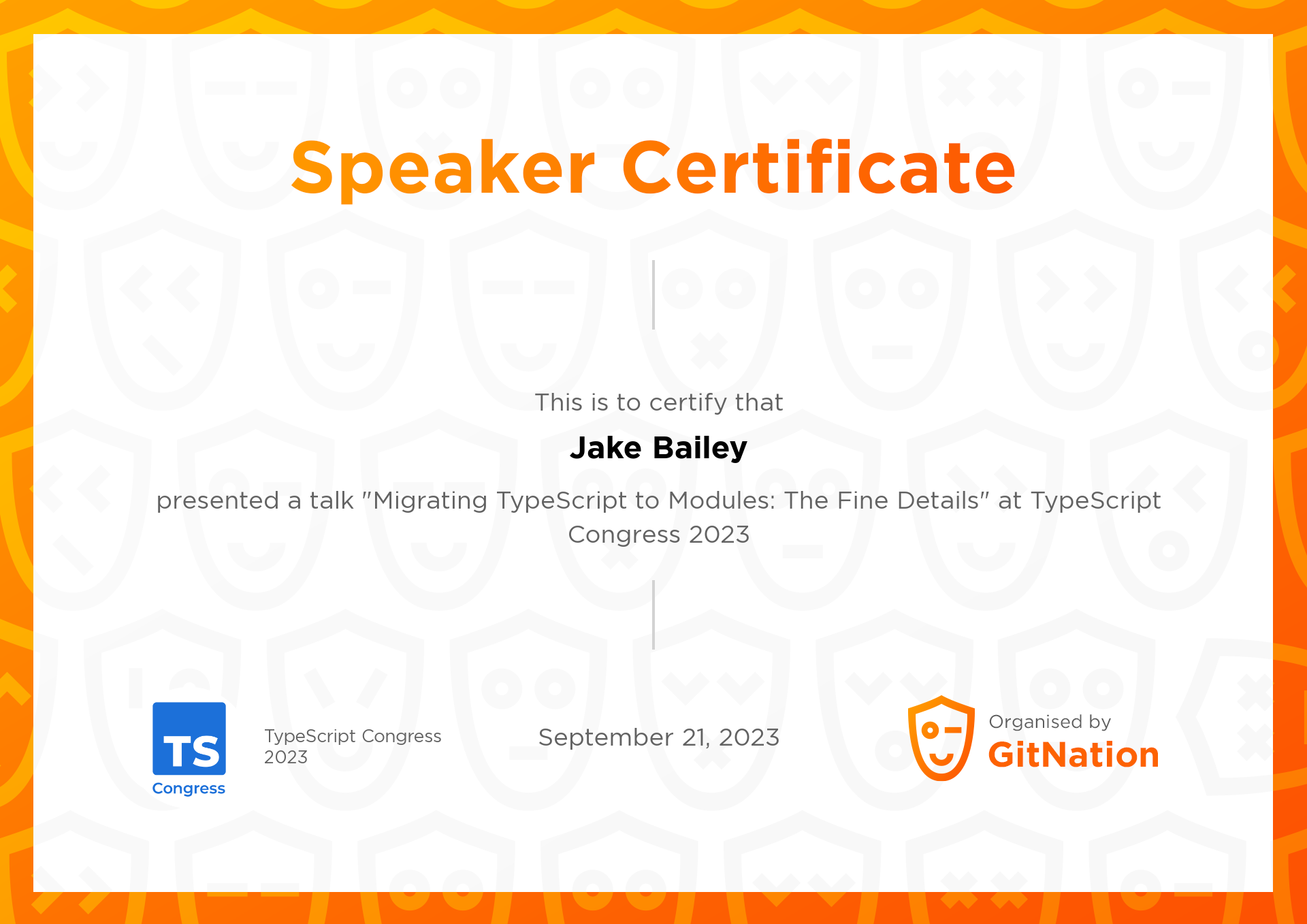 Jake Bailey's Certificate from TS Congress